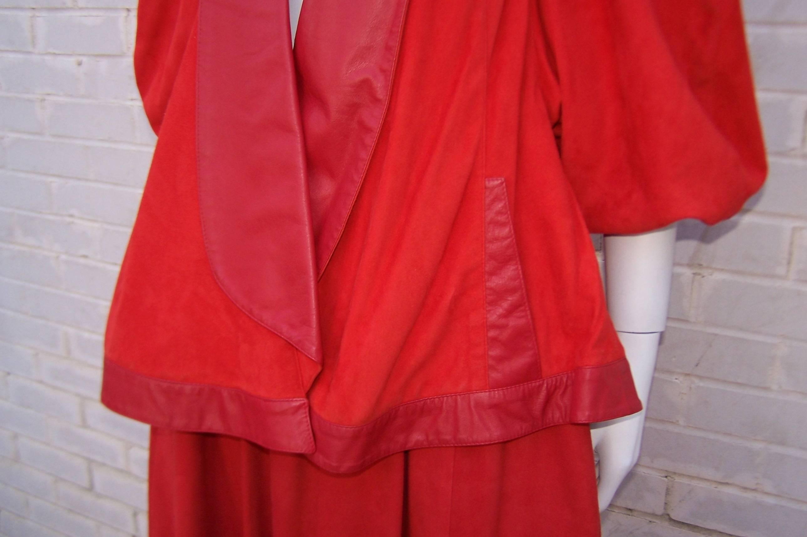 Women's New Wave 1980's Lipstick Red Suede Leather Skirt Suit With Swing Jacket