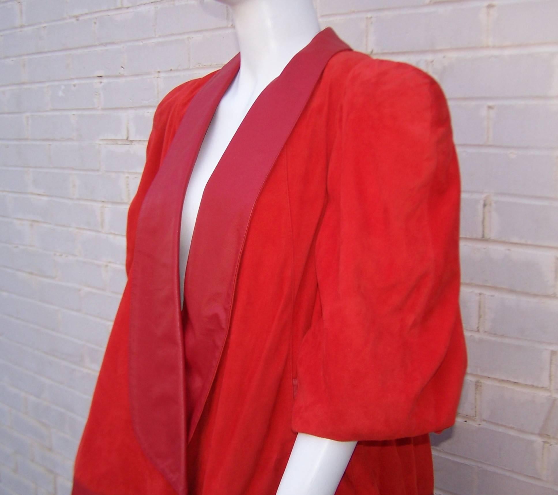 New Wave 1980's Lipstick Red Suede Leather Skirt Suit With Swing Jacket 1