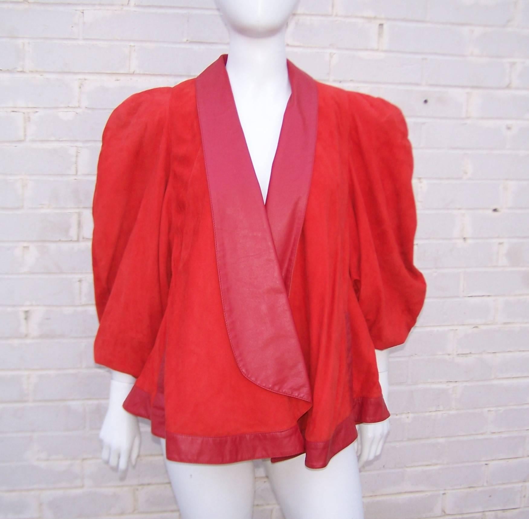 New Wave 1980's Lipstick Red Suede Leather Skirt Suit With Swing Jacket 2
