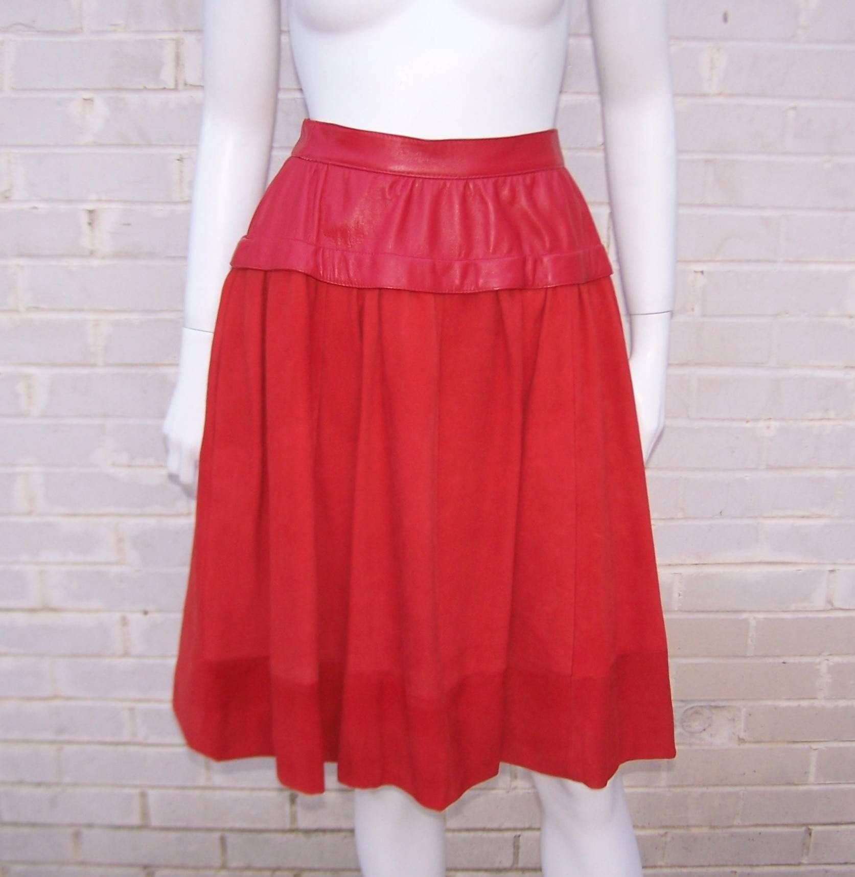 New Wave 1980's Lipstick Red Suede Leather Skirt Suit With Swing Jacket 3
