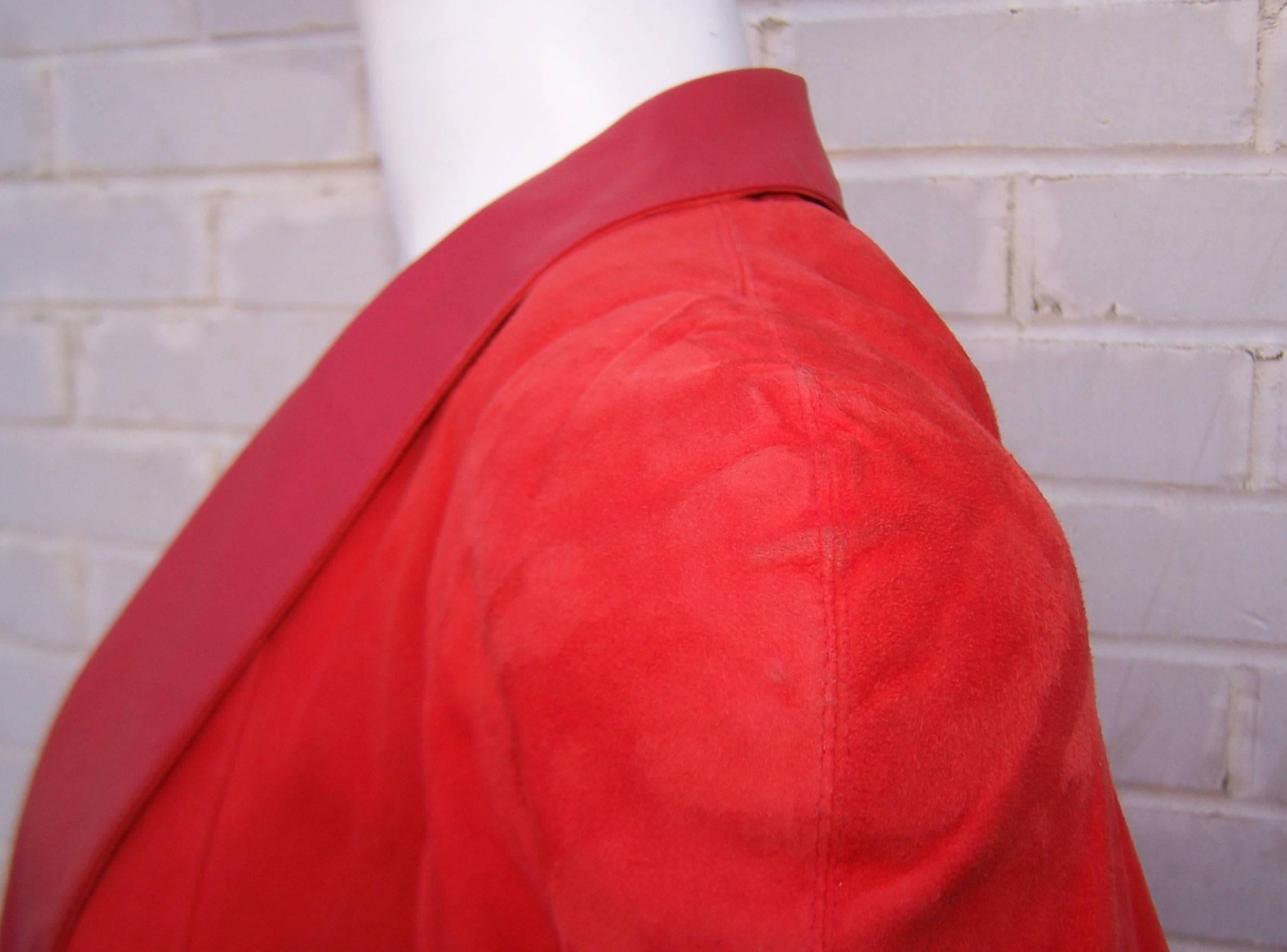 New Wave 1980's Lipstick Red Suede Leather Skirt Suit With Swing Jacket 4