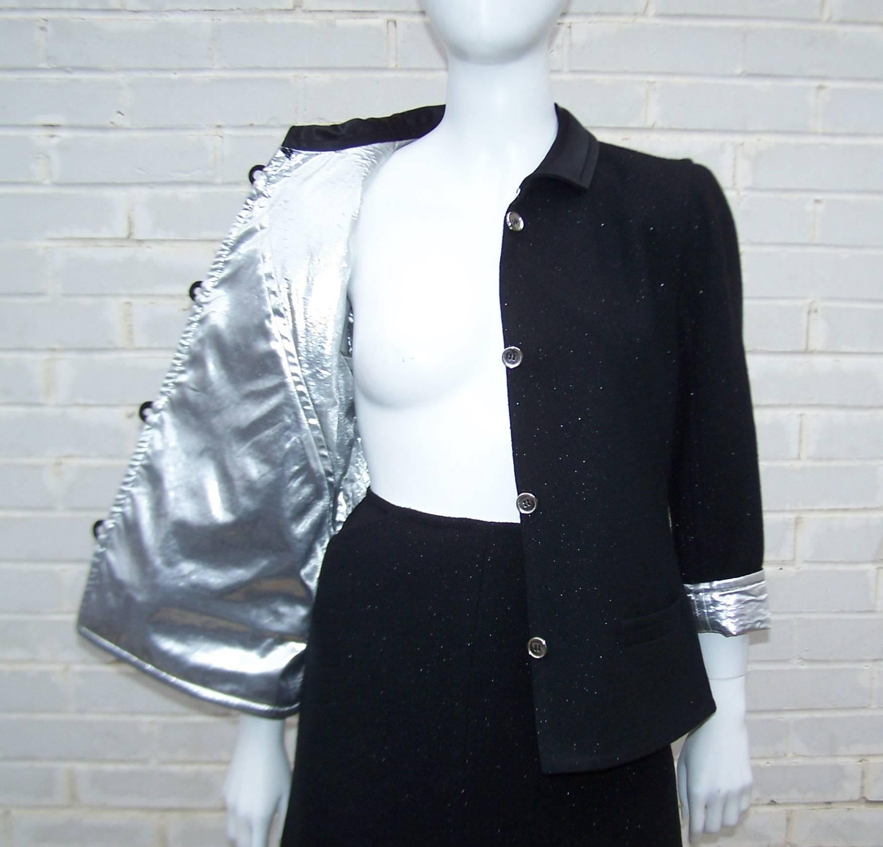 Futuristic C.1990 Courreges Mod Black & Silver Metallic Skirt Suit In Excellent Condition In Atlanta, GA