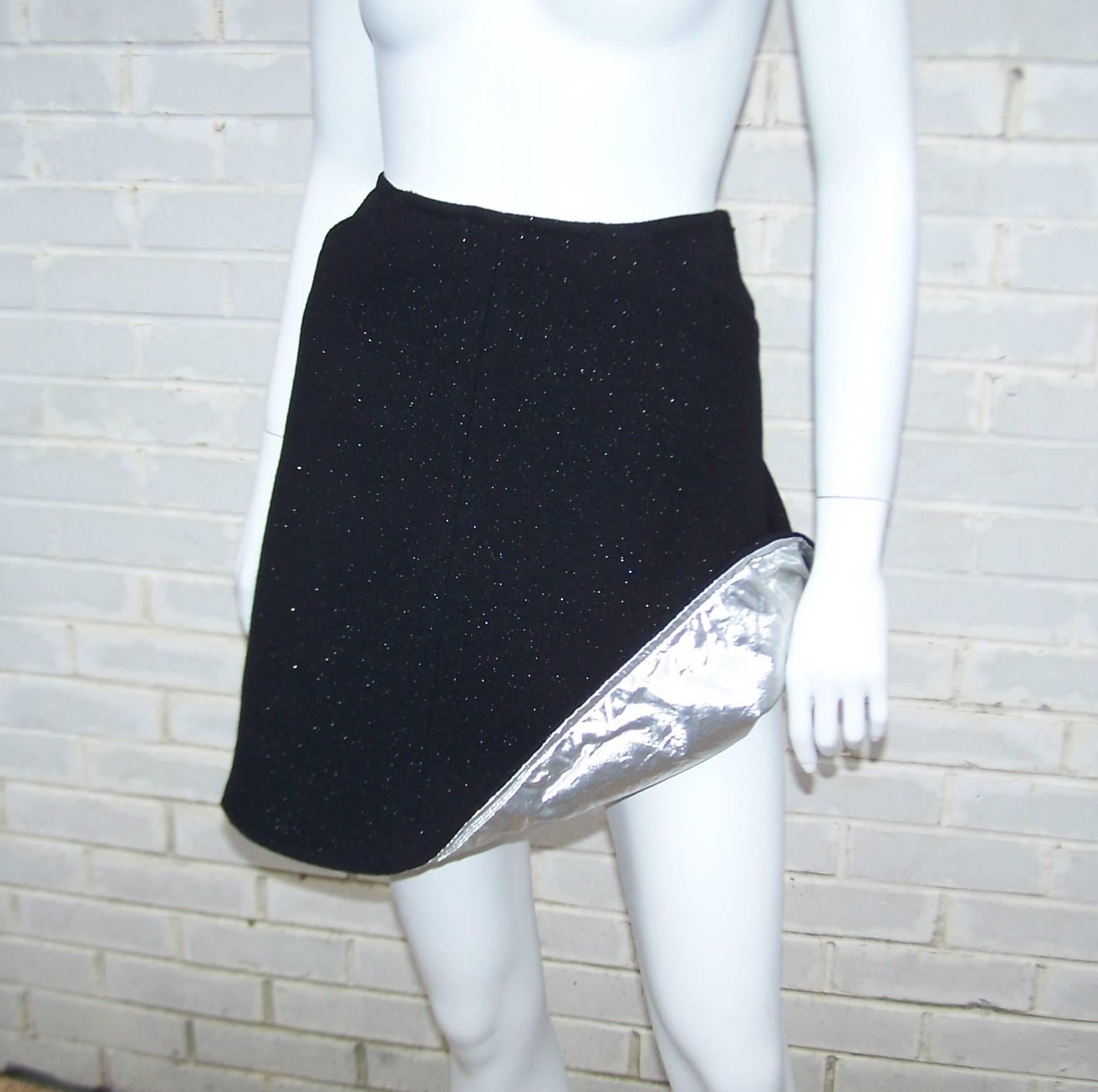 Women's Futuristic C.1990 Courreges Mod Black & Silver Metallic Skirt Suit