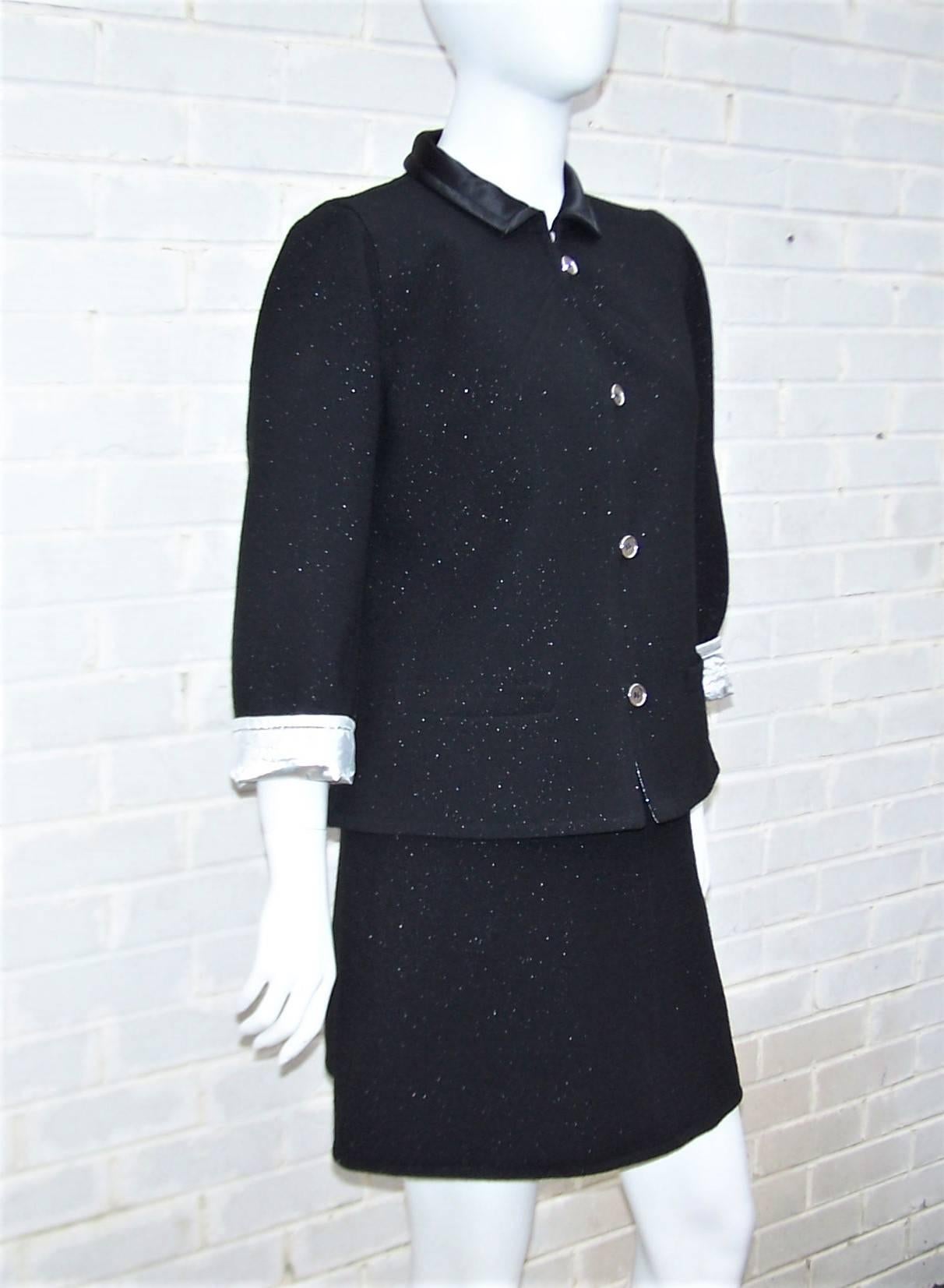 Futuristic C.1990 Courreges Mod Black & Silver Metallic Skirt Suit 1