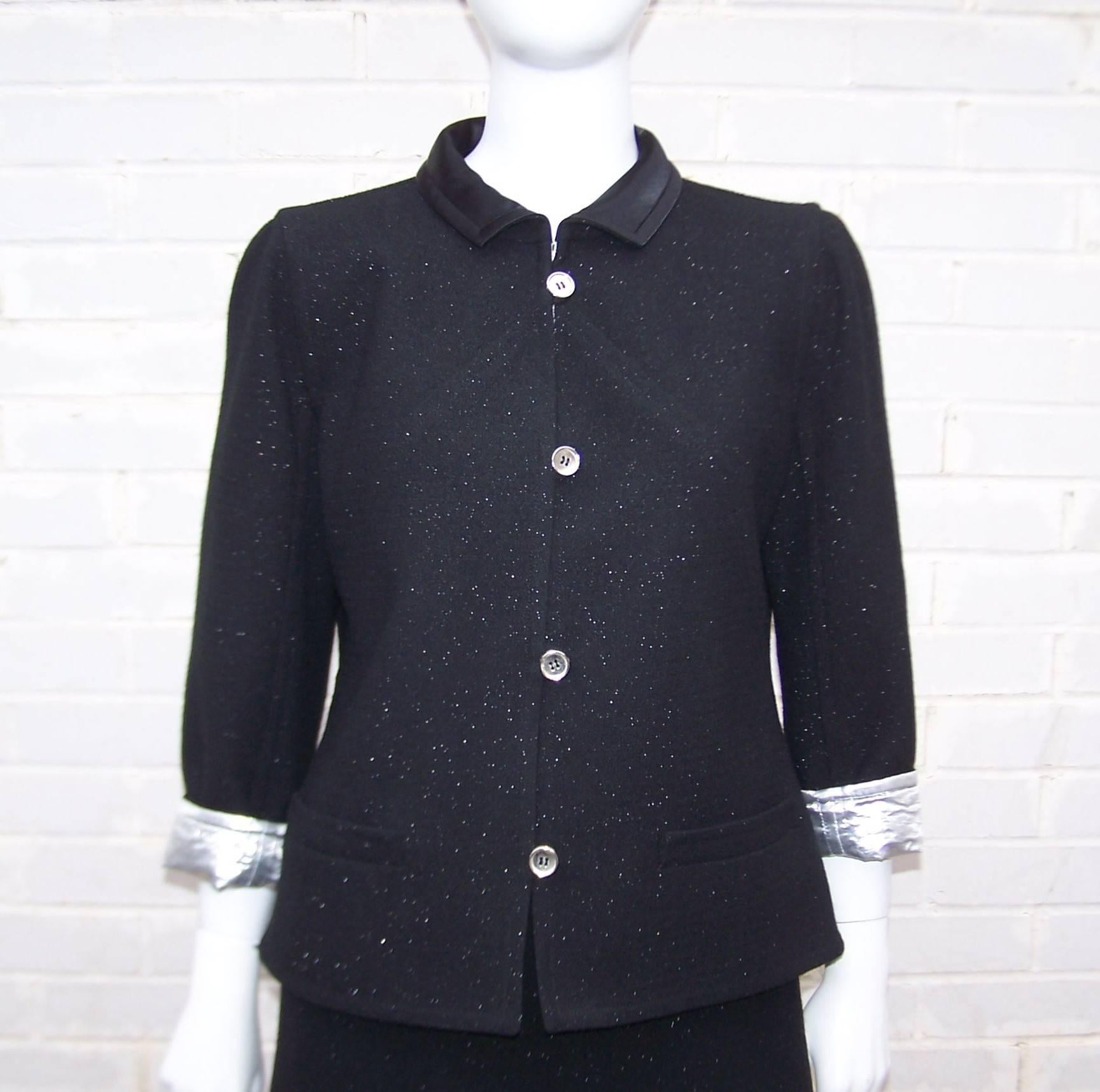 Futuristic C.1990 Courreges Mod Black & Silver Metallic Skirt Suit 5