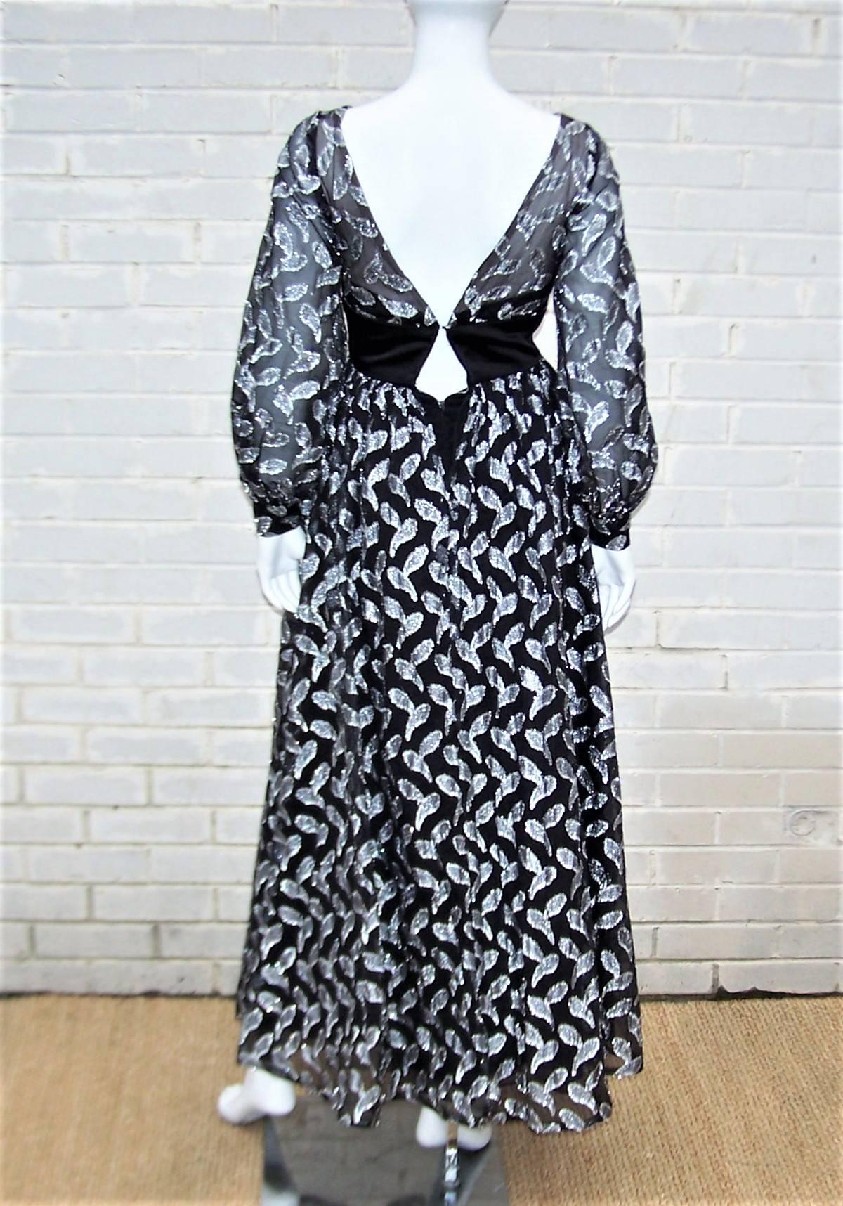 C.1970 Saks Fifth Avenue Black & Silver Metallic Evening Dress 1