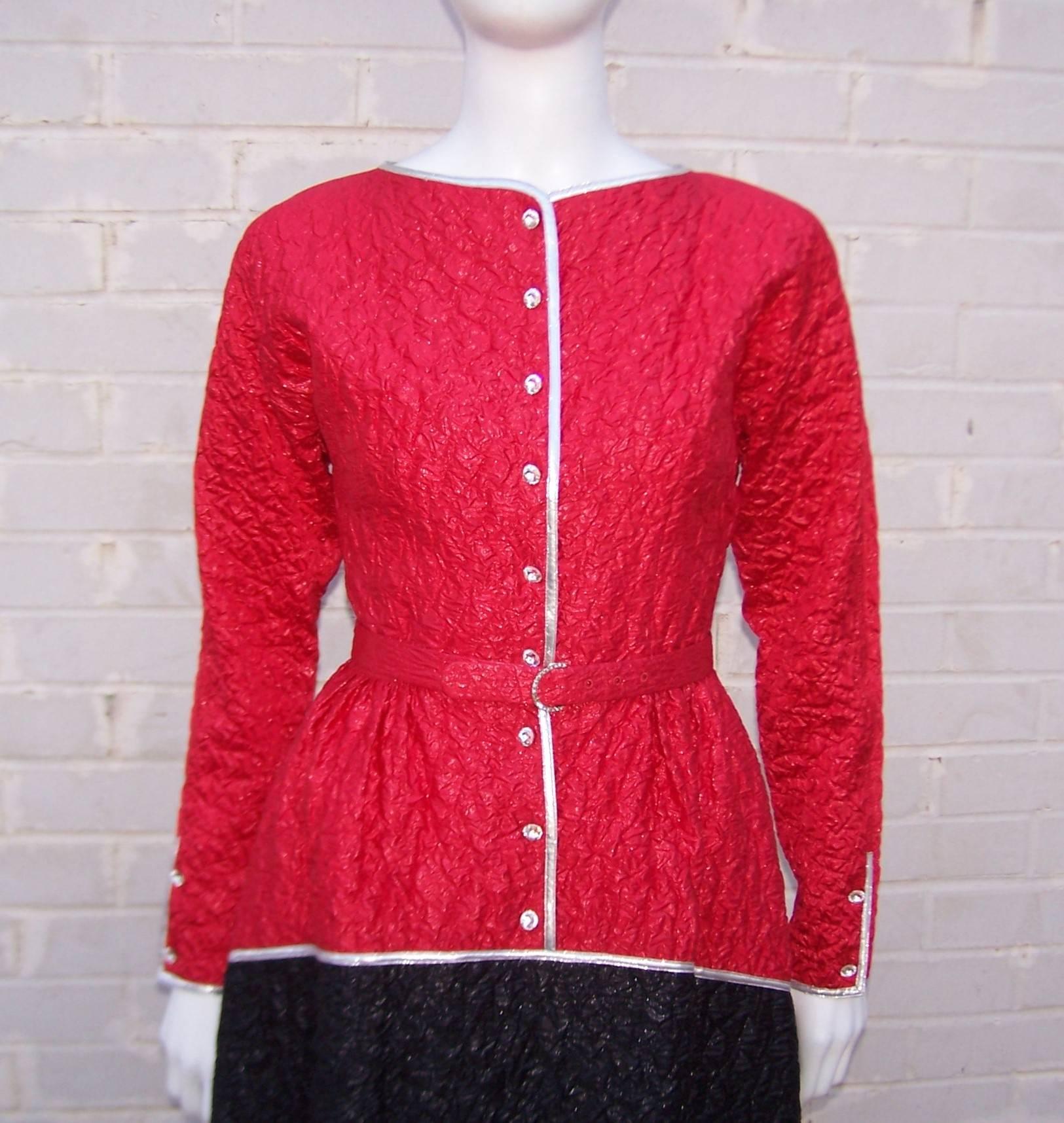 Geoffrey Beene Red, Black & Silver Cocktail Dress, 1970’s In Good Condition For Sale In Atlanta, GA