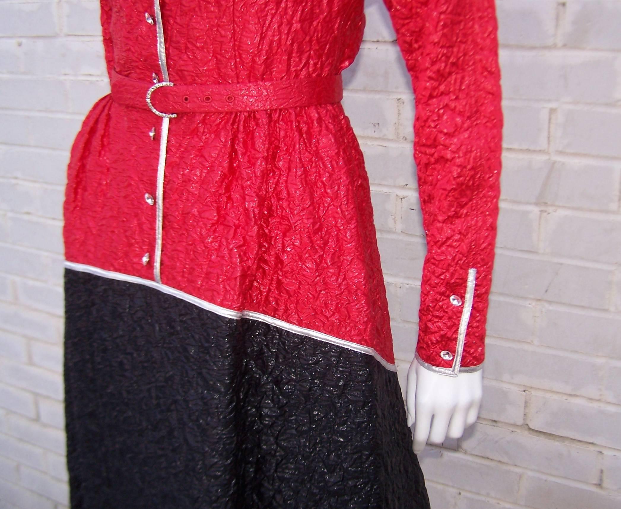 Geoffrey Beene Red, Black & Silver Cocktail Dress, 1970’s For Sale 1