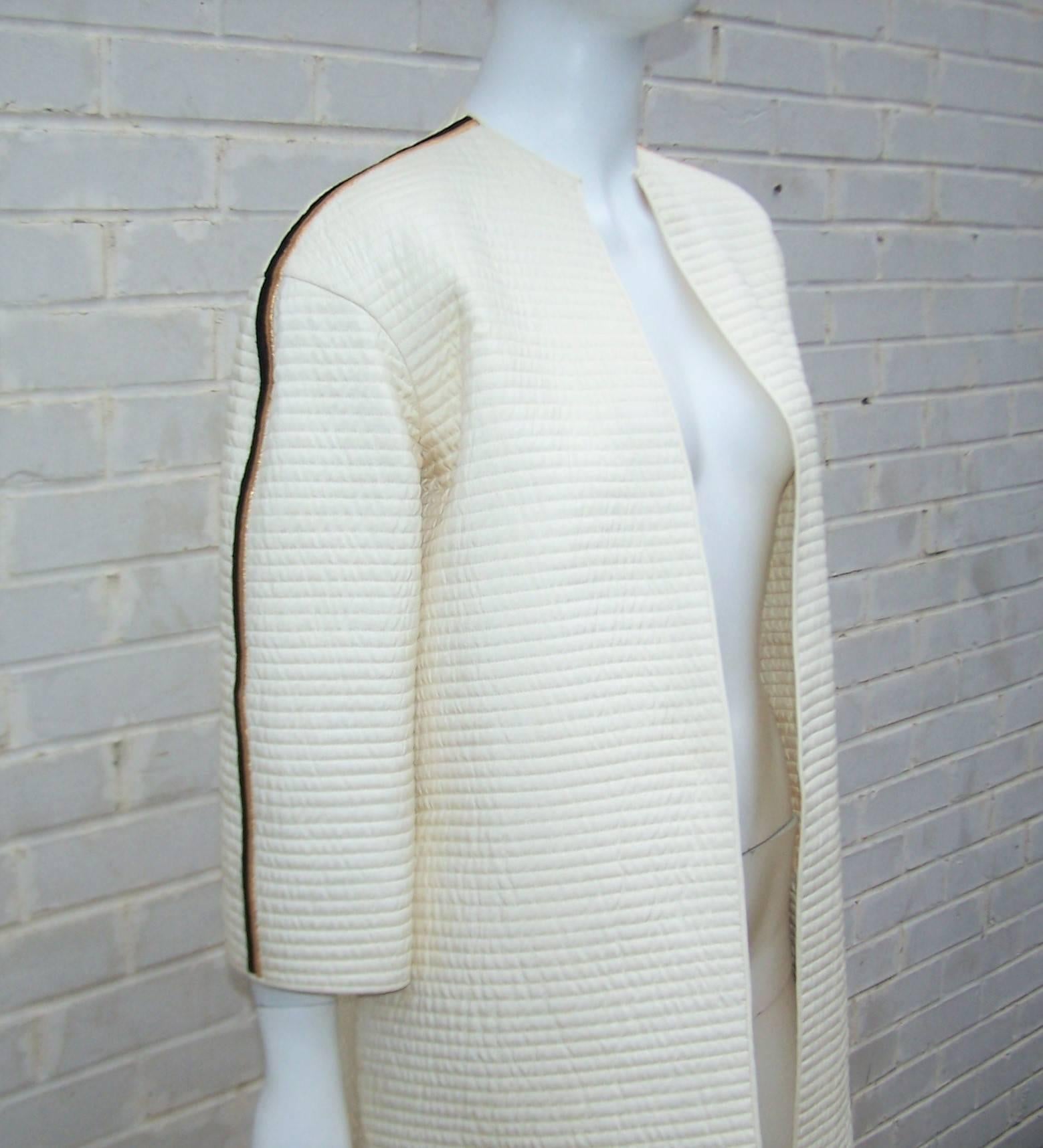 Gray Mary McFadden Quilted Coat With Black & Gold Trim, 1980’s