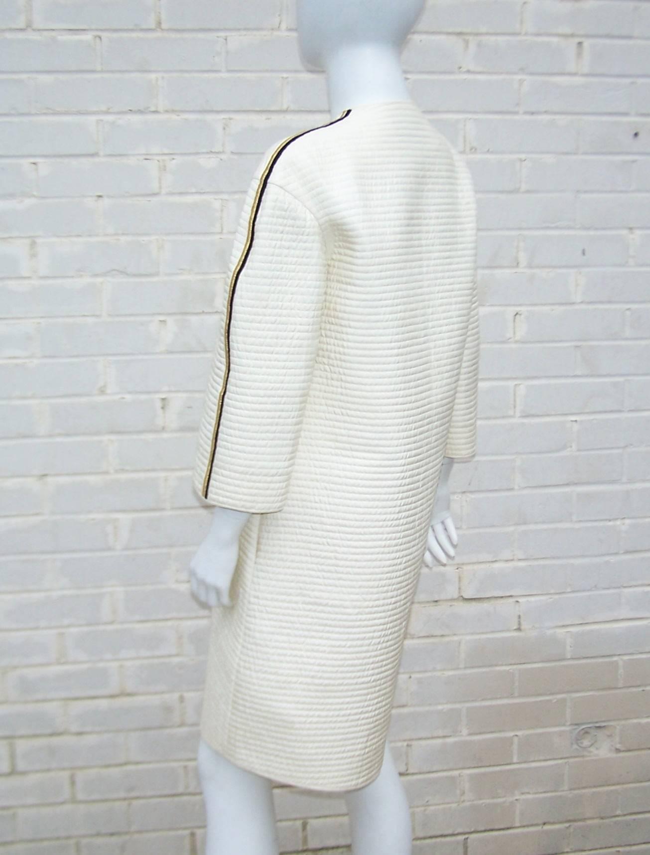 Mary McFadden Quilted Coat With Black & Gold Trim, 1980’s In Good Condition In Atlanta, GA