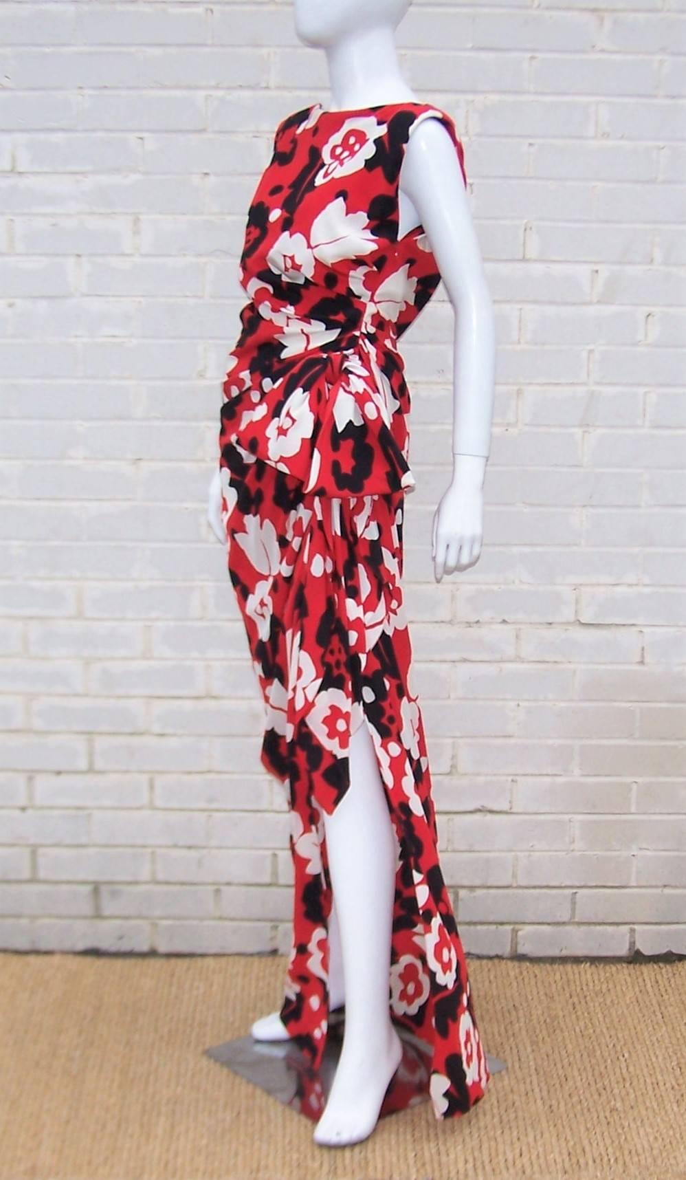 1990's Oscar de la Renta Tropical Silk Goddess Dress 2