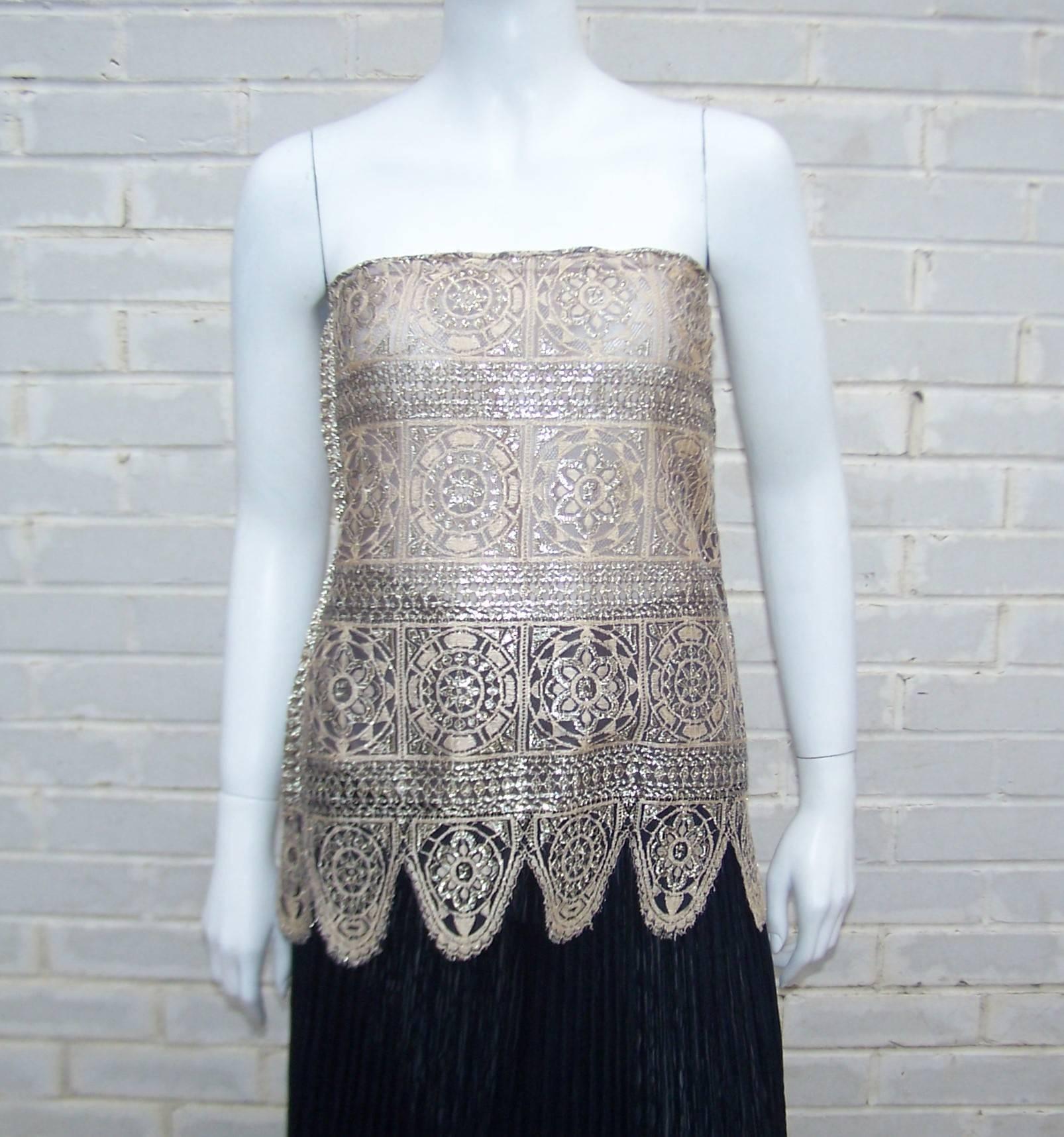 Exotic C.1980 Mary McFadden Black Palazzo Pants & Gold Lace Top Ensemble In Excellent Condition In Atlanta, GA