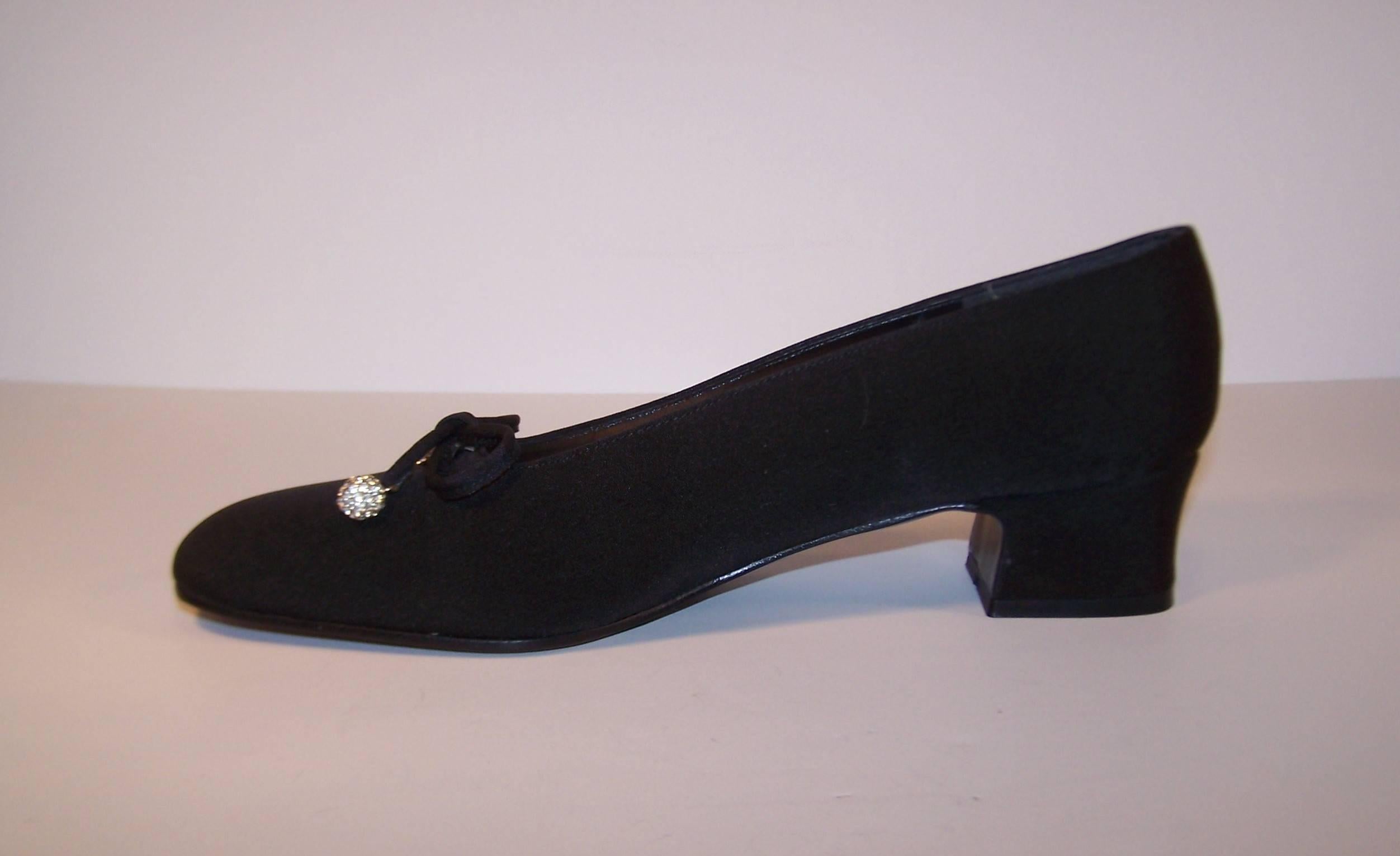 Stuart Weitzman 1980's Classic Black Evening Shoes With Rhinestone Pom Poms In Excellent Condition In Atlanta, GA