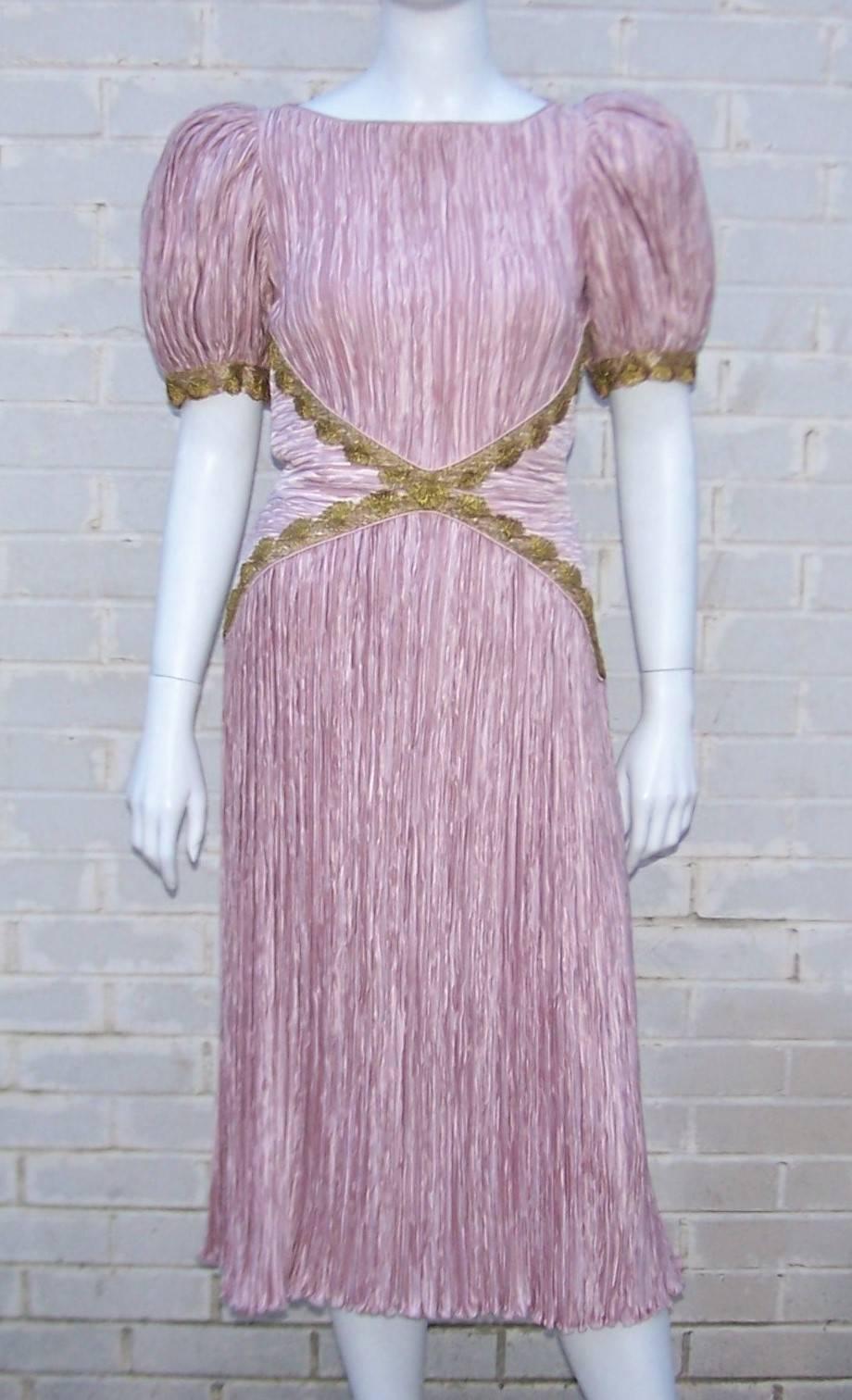 Gray Heavenly 1980's Mary McFadden Pink Goddess Dress With Gold Braid