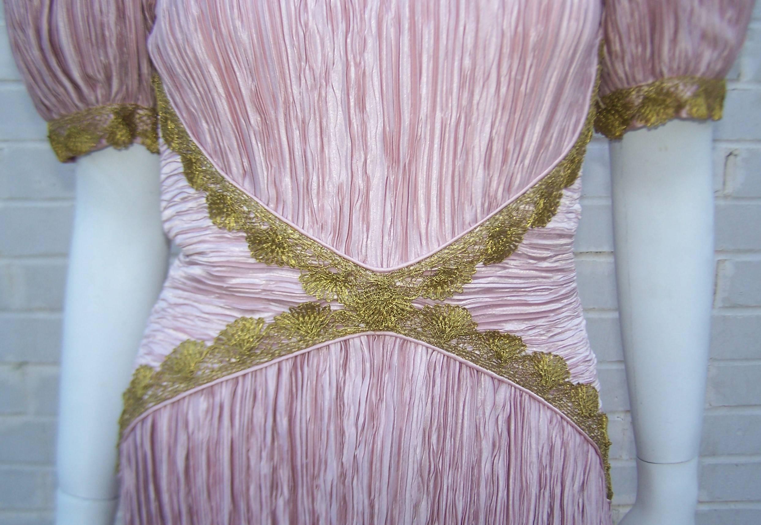 Heavenly 1980's Mary McFadden Pink Goddess Dress With Gold Braid In Excellent Condition In Atlanta, GA