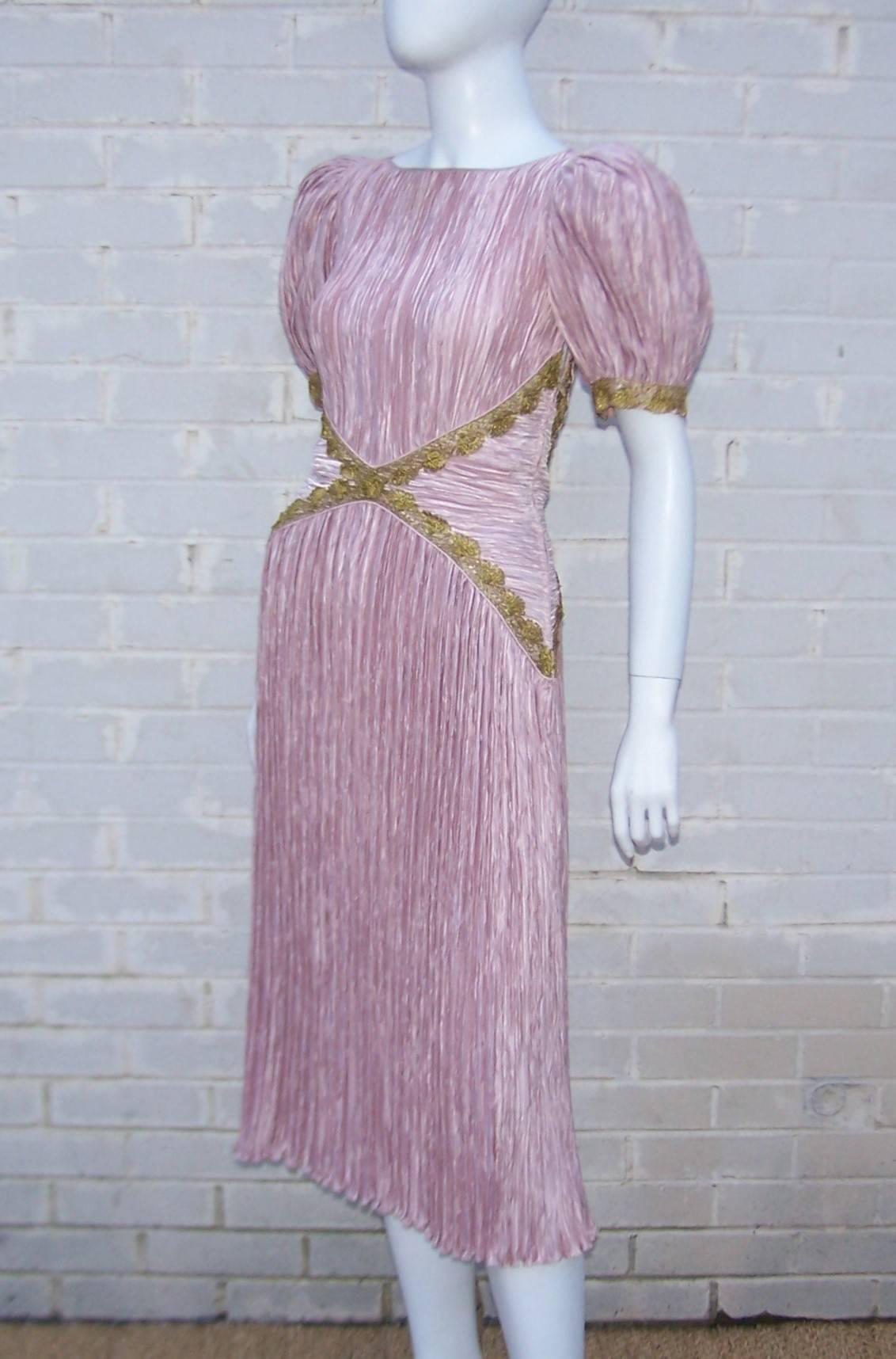 Women's Heavenly 1980's Mary McFadden Pink Goddess Dress With Gold Braid