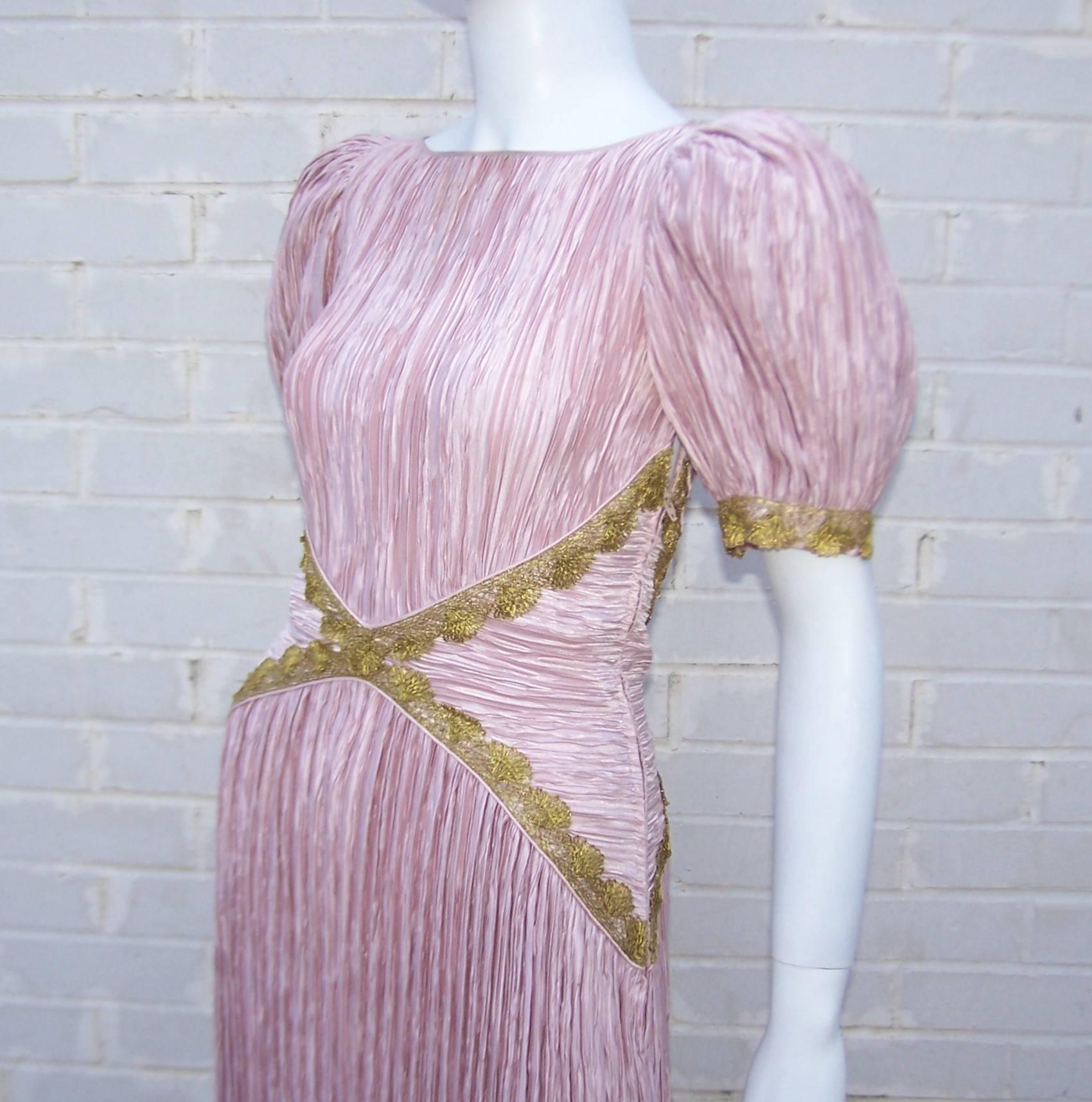 Heavenly 1980's Mary McFadden Pink Goddess Dress With Gold Braid 1