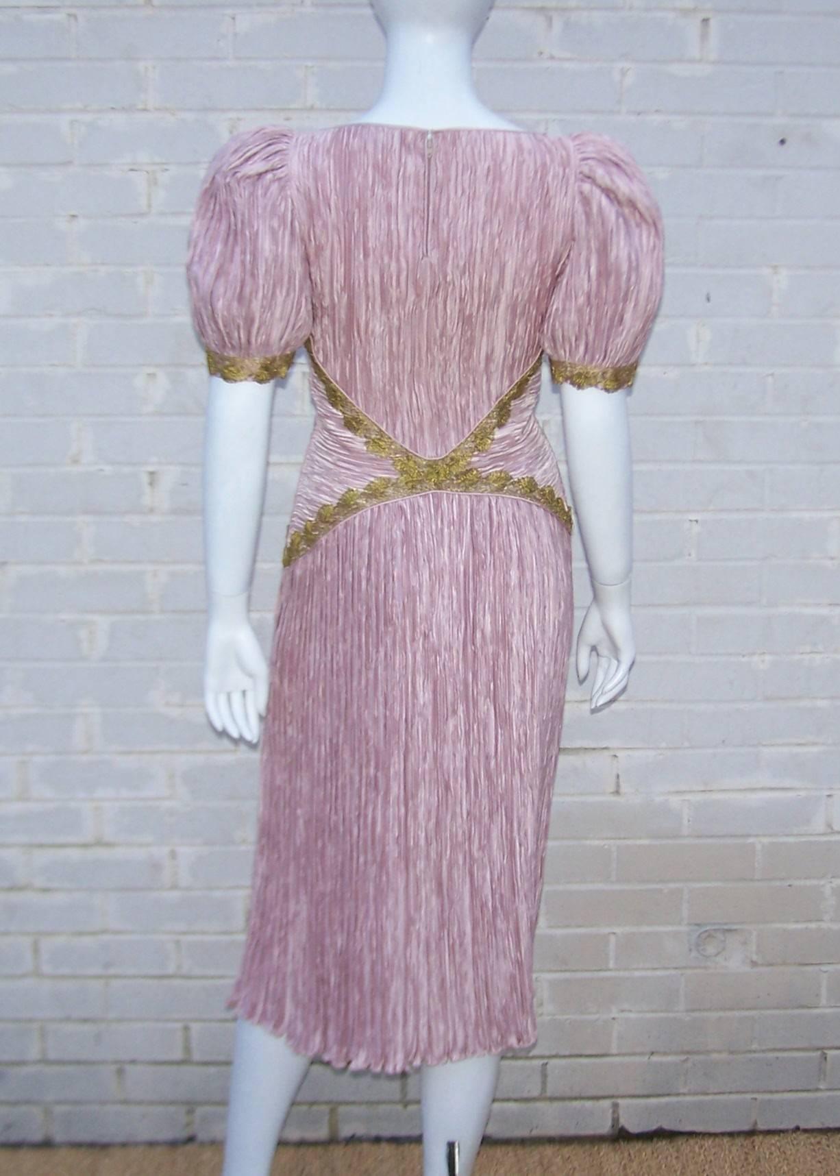 Heavenly 1980's Mary McFadden Pink Goddess Dress With Gold Braid 2