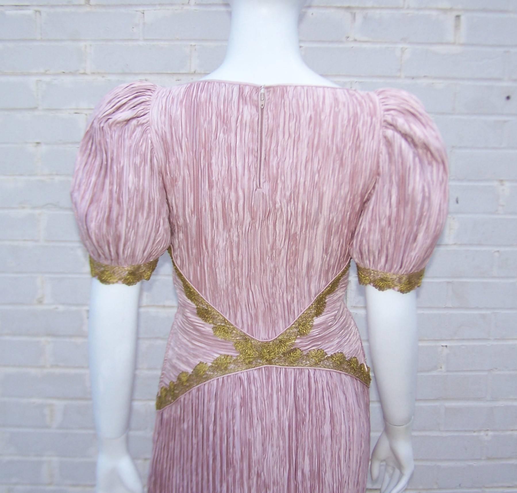Heavenly 1980's Mary McFadden Pink Goddess Dress With Gold Braid 3