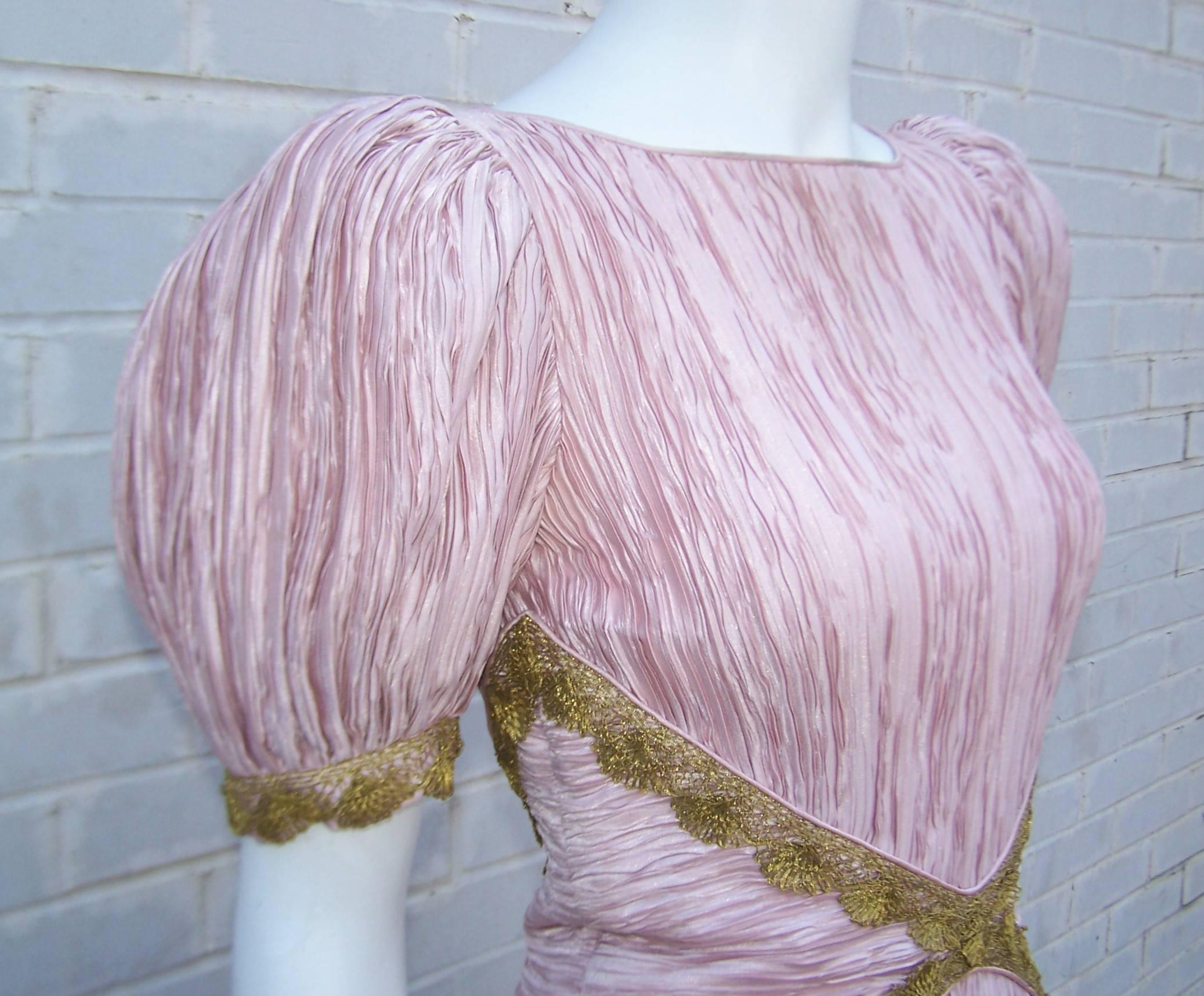 Heavenly 1980's Mary McFadden Pink Goddess Dress With Gold Braid 4