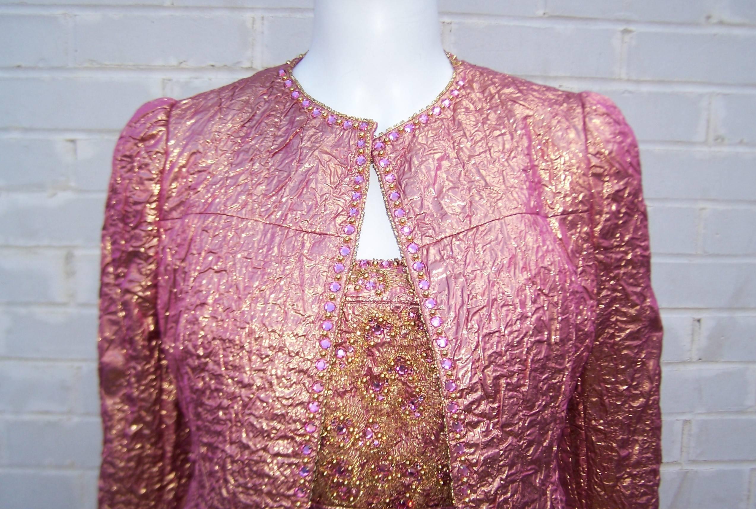 Futuristic Glam 1970's Adolfo Pink & Gold Cocktail Suit In Excellent Condition In Atlanta, GA