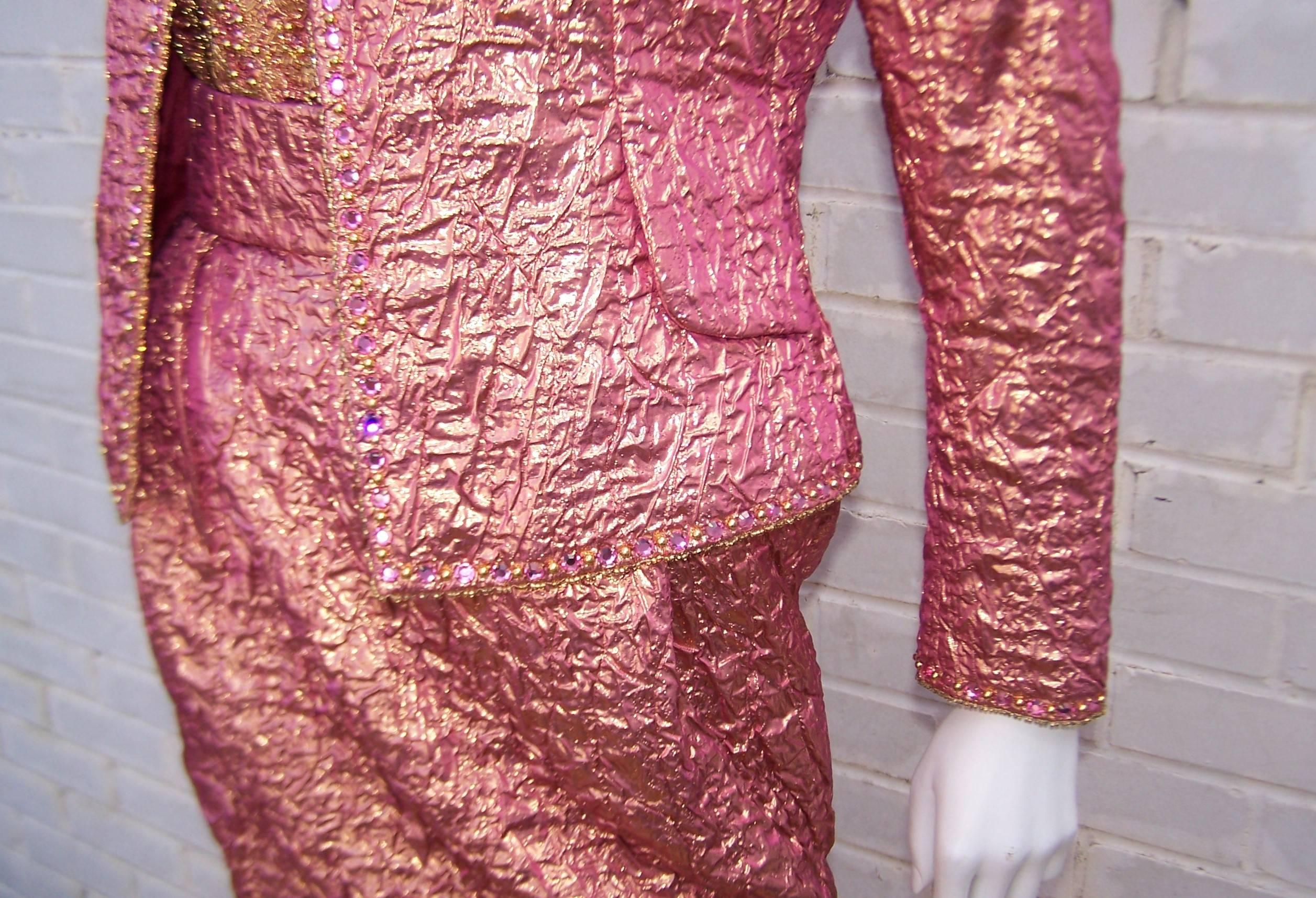 Women's Futuristic Glam 1970's Adolfo Pink & Gold Cocktail Suit