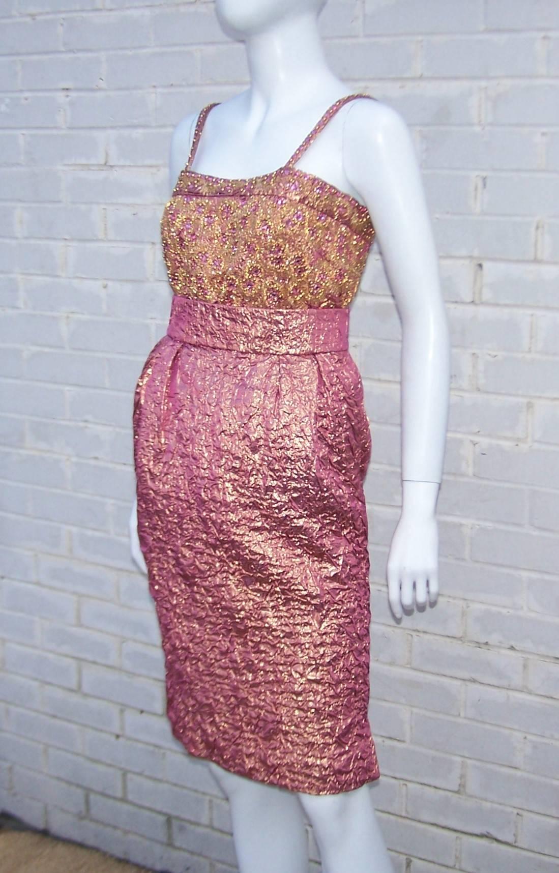 Futuristic Glam 1970's Adolfo Pink & Gold Cocktail Suit 1
