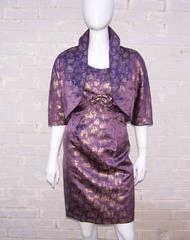 C.1950 Purple & Gold Toile Wiggle Dress With Jacket & Mink Scarf