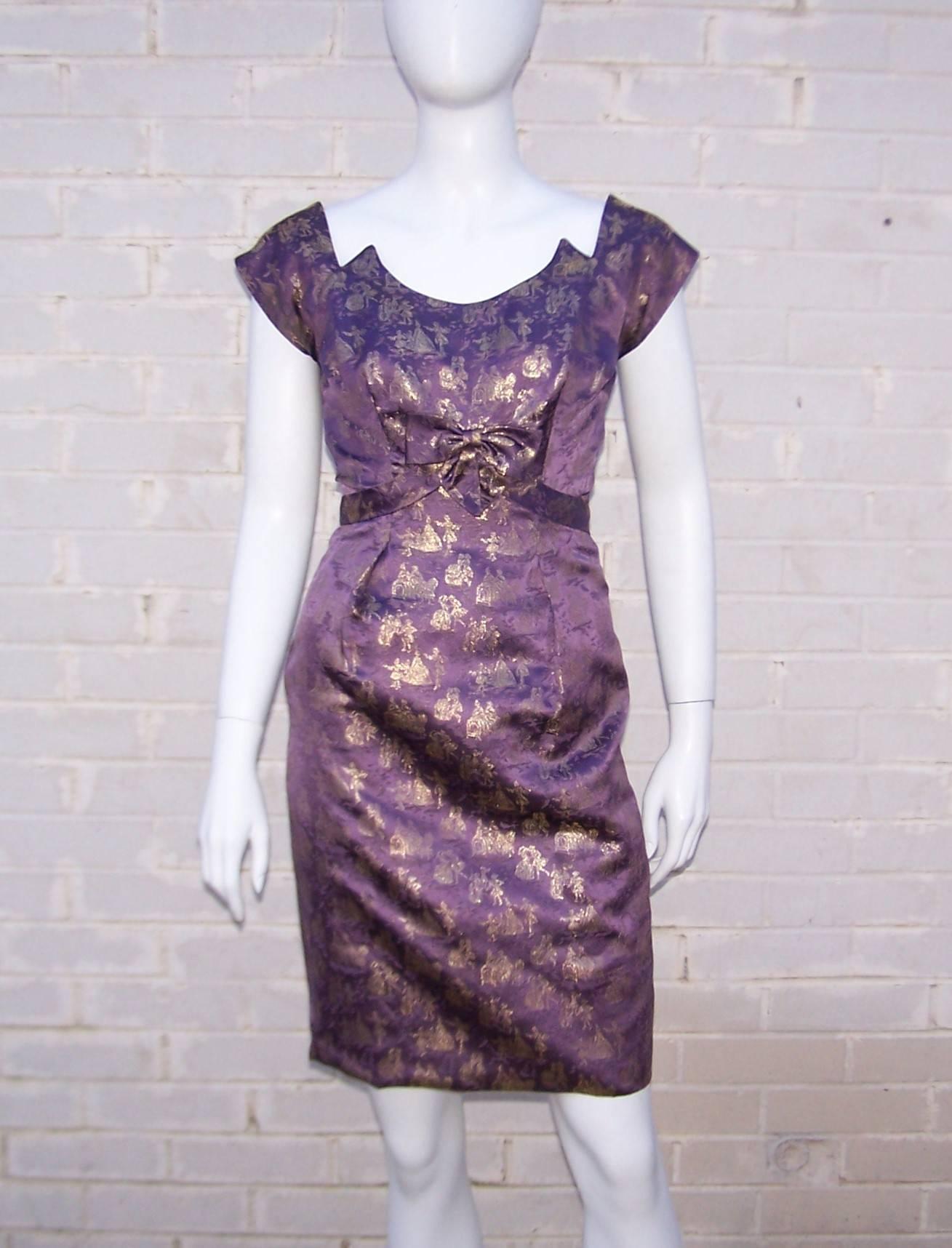 Gray C.1950 Purple & Gold Toile Wiggle Dress With Jacket & Mink Scarf