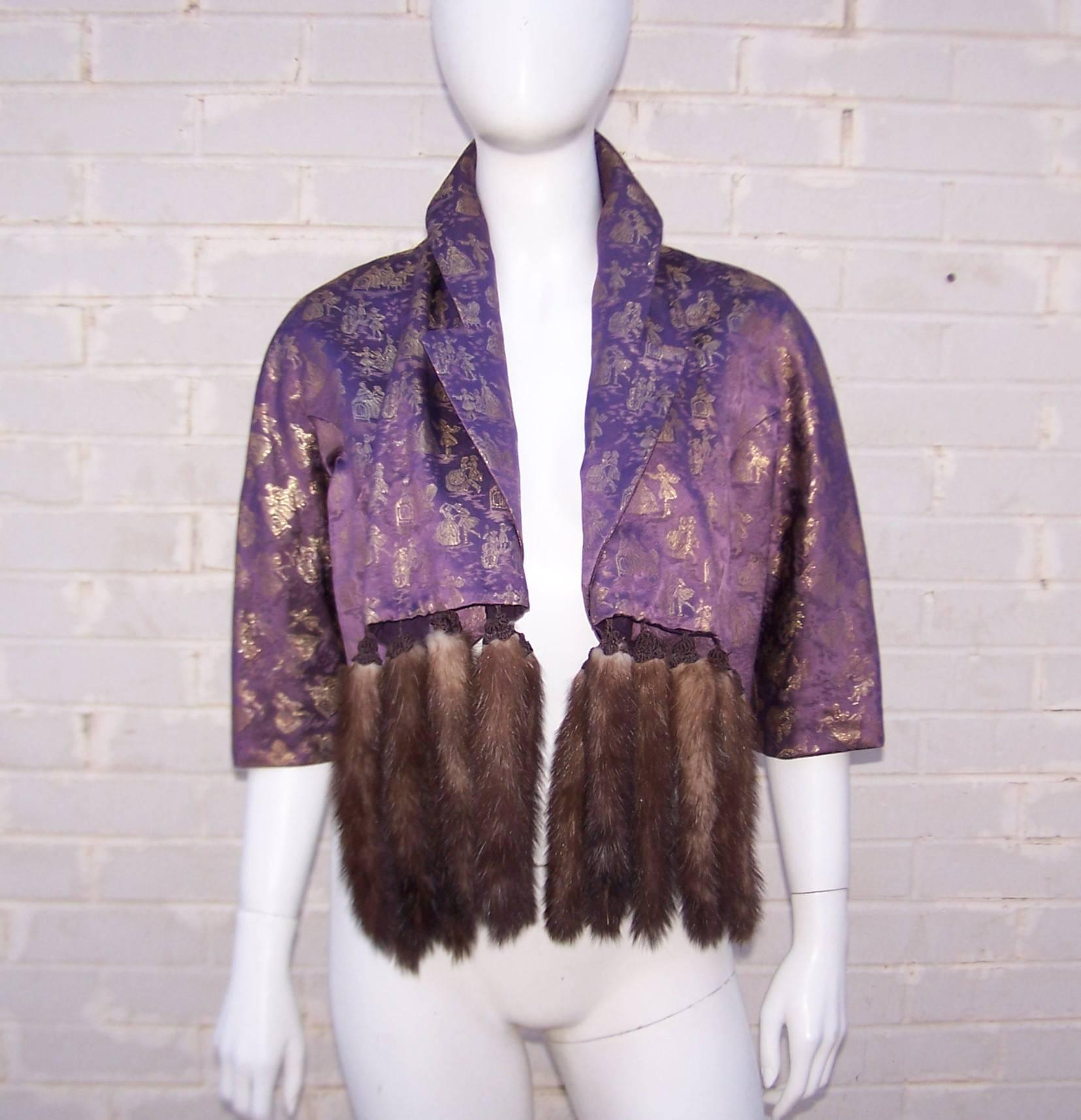 C.1950 Purple & Gold Toile Wiggle Dress With Jacket & Mink Scarf 2