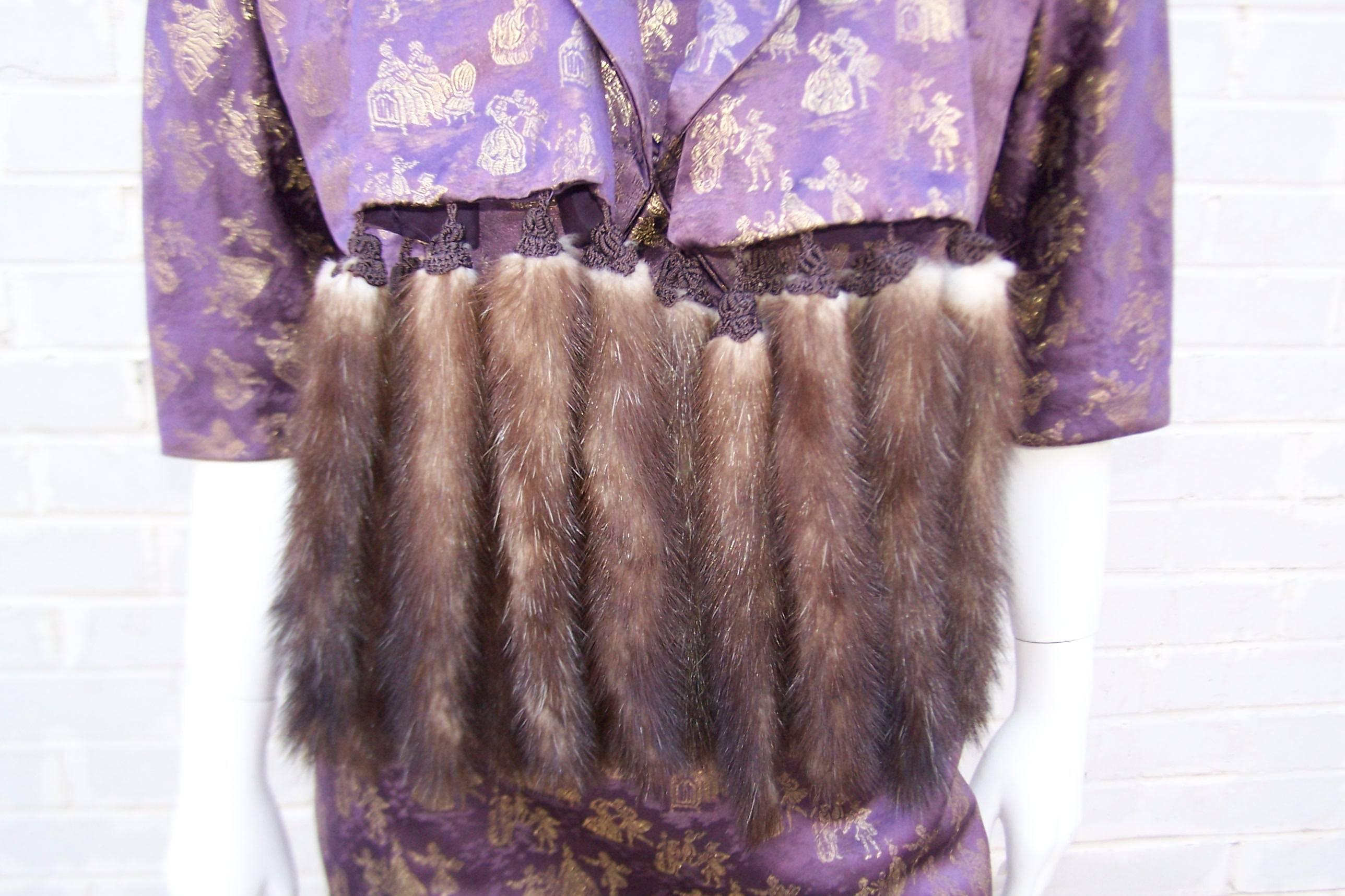 C.1950 Purple & Gold Toile Wiggle Dress With Jacket & Mink Scarf 3