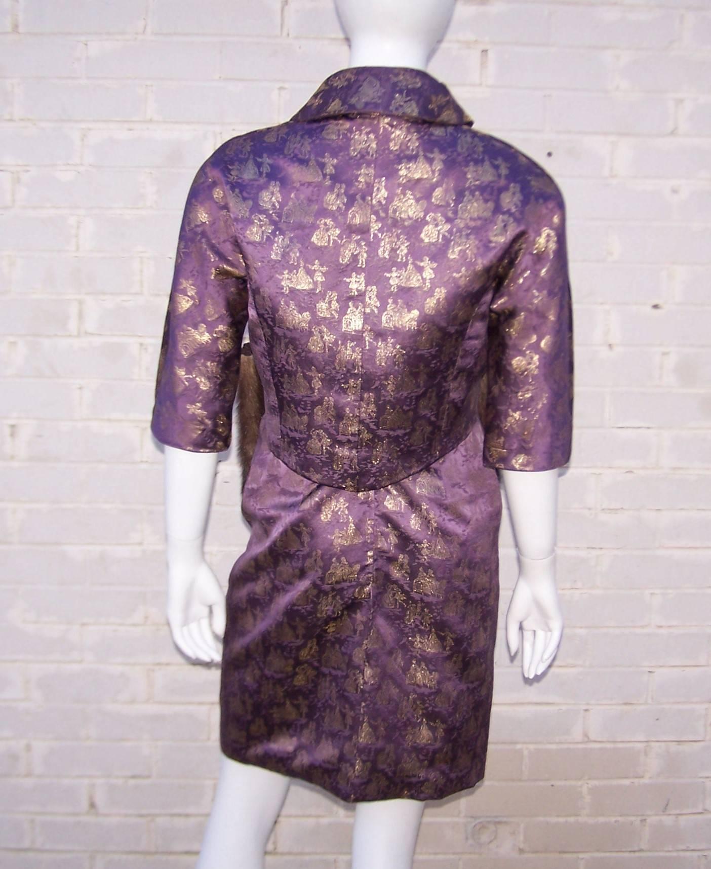 C.1950 Purple & Gold Toile Wiggle Dress With Jacket & Mink Scarf 4