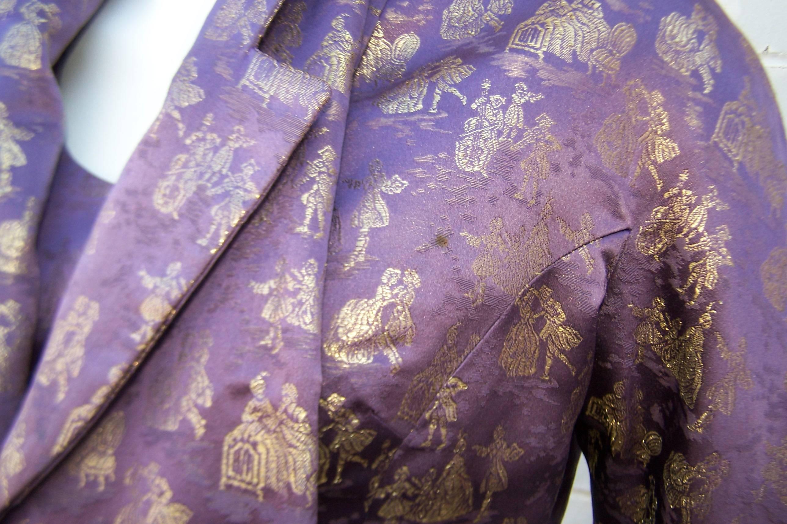 C.1950 Purple & Gold Toile Wiggle Dress With Jacket & Mink Scarf 5