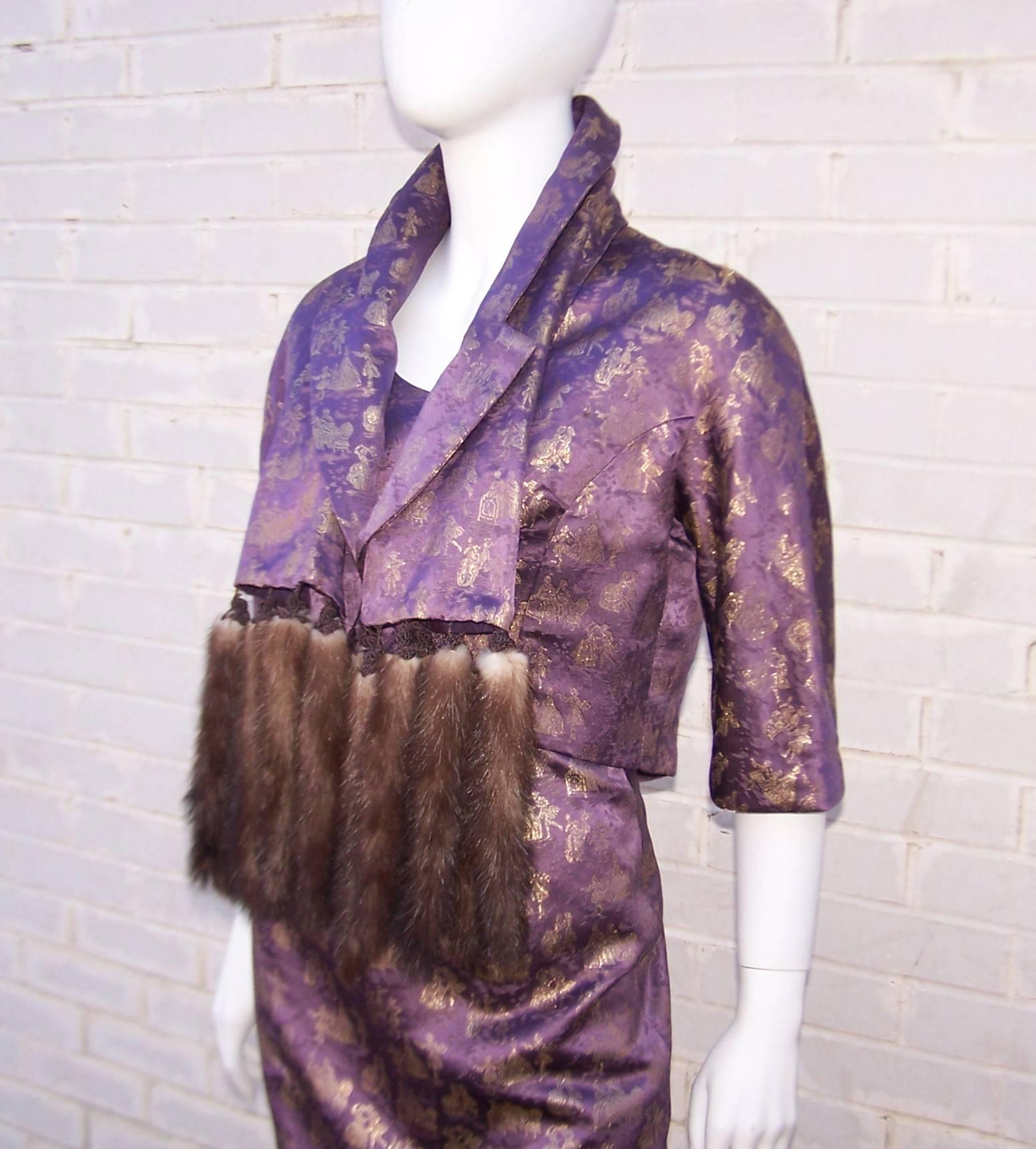 C.1950 Purple & Gold Toile Wiggle Dress With Jacket & Mink Scarf 1