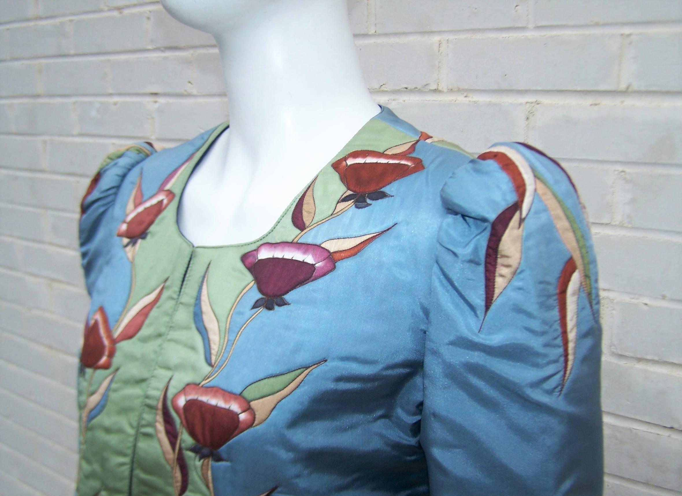 Art Nouveau Style 1970's Hand Painted SIlk Bolero Jacket In Excellent Condition In Atlanta, GA