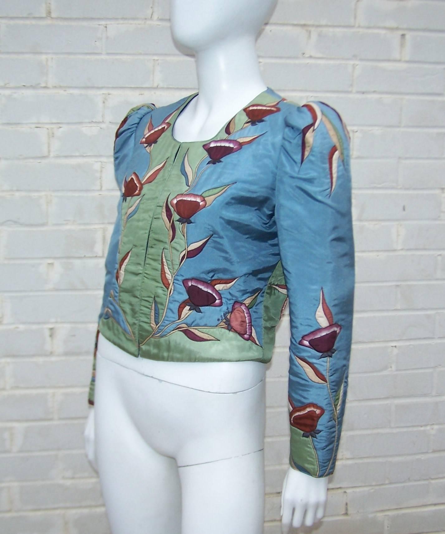 Women's or Men's Art Nouveau Style 1970's Hand Painted SIlk Bolero Jacket