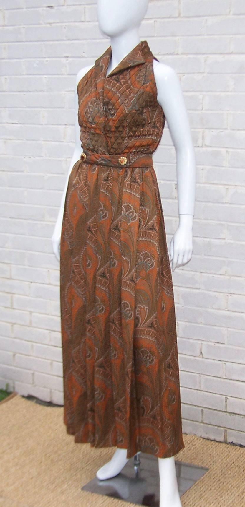 1980's Carolyne Roehm Quilted Paisley Maxi Dress With Jacket In Excellent Condition In Atlanta, GA