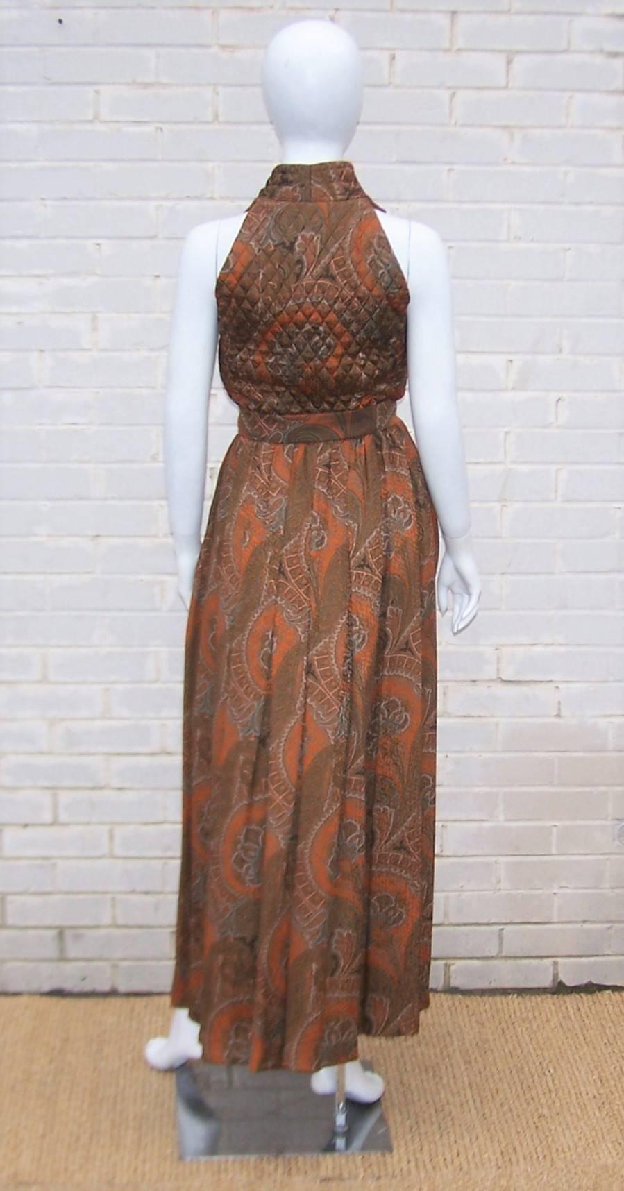 1980's Carolyne Roehm Quilted Paisley Maxi Dress With Jacket 2