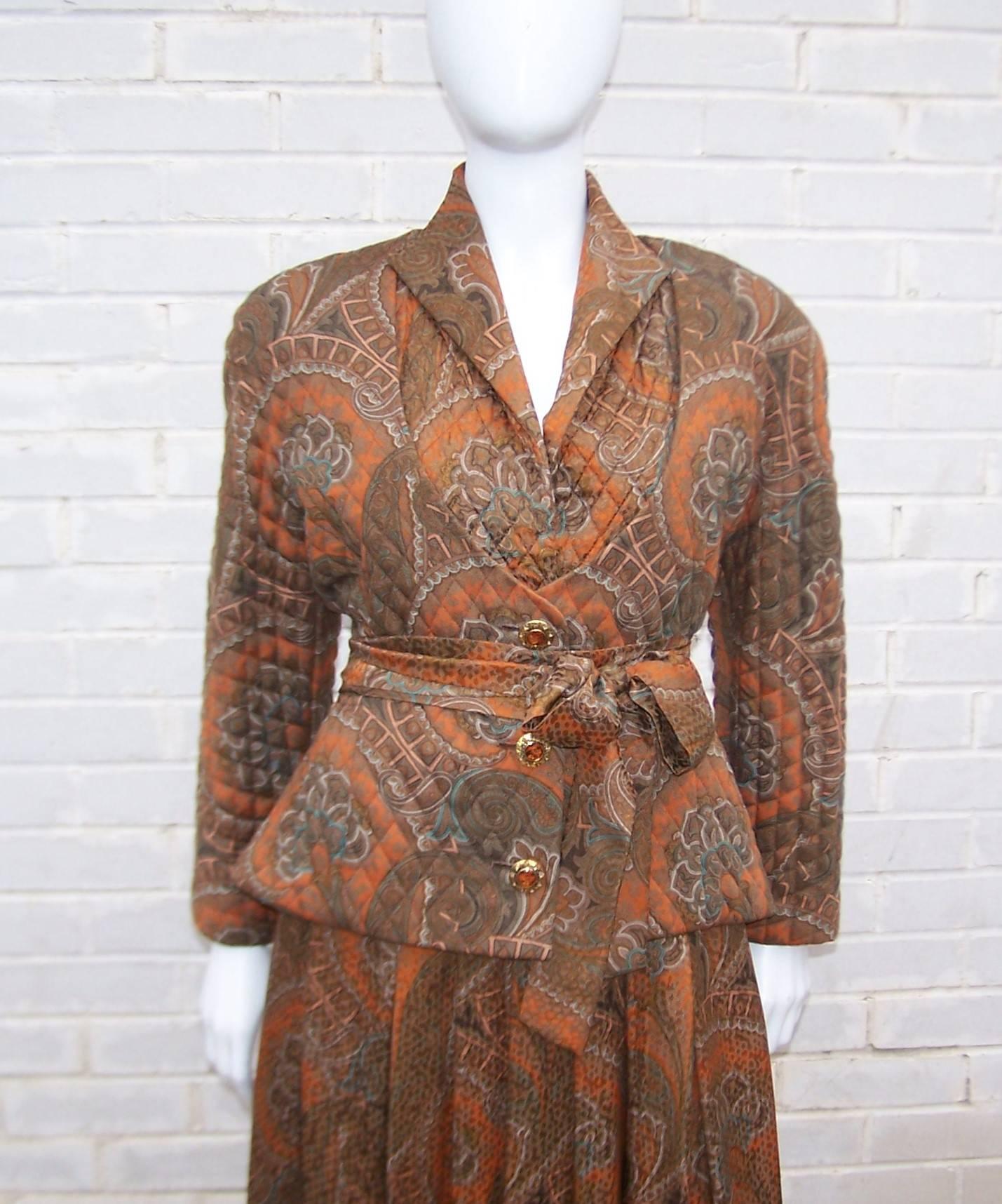 Brown 1980's Carolyne Roehm Quilted Paisley Maxi Dress With Jacket