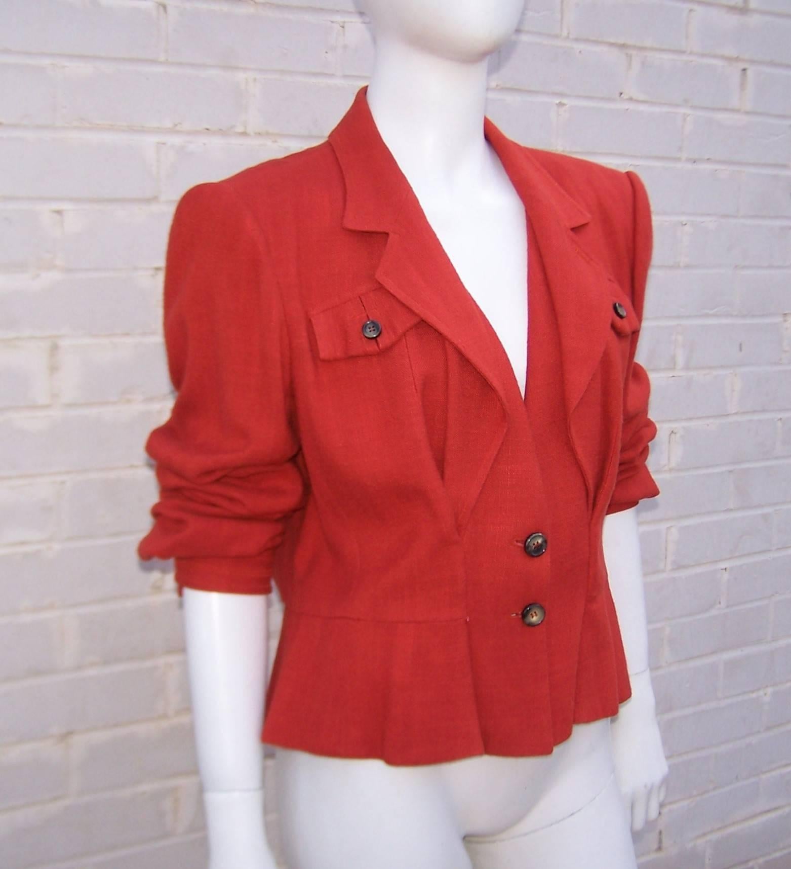 Red Stylish 1990's Yves Saint Laurent Rive Gauche Orange Linen Safari Jacket