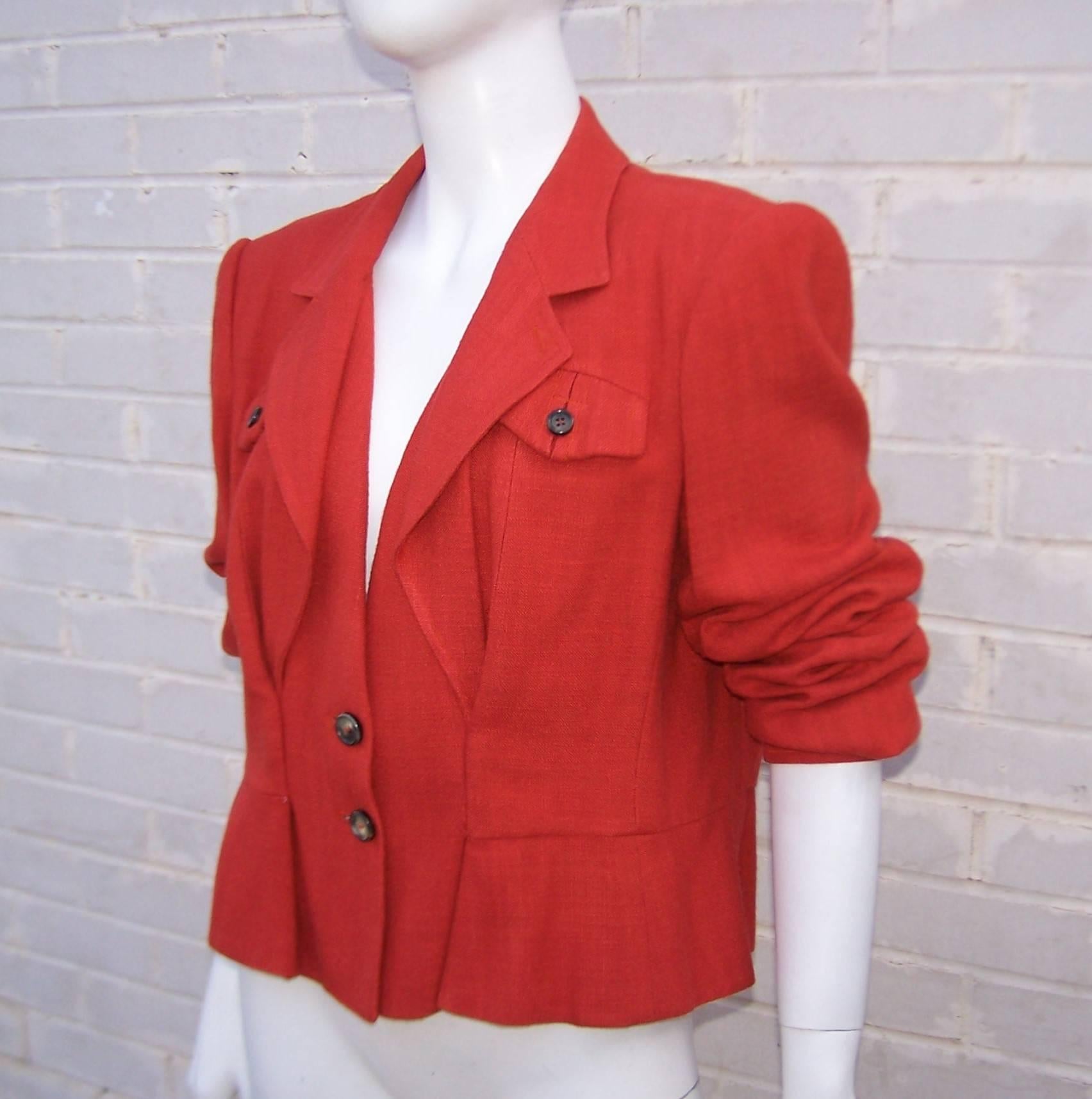 Stylish 1990's Yves Saint Laurent Rive Gauche Orange Linen Safari Jacket In Excellent Condition In Atlanta, GA