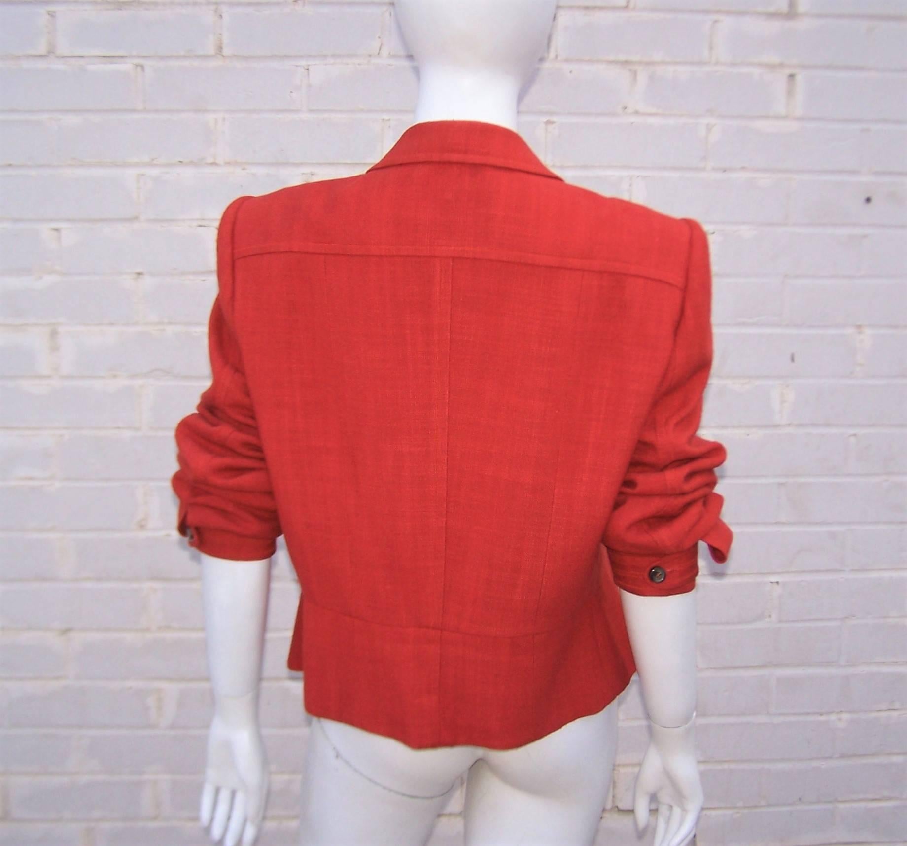 Women's Stylish 1990's Yves Saint Laurent Rive Gauche Orange Linen Safari Jacket
