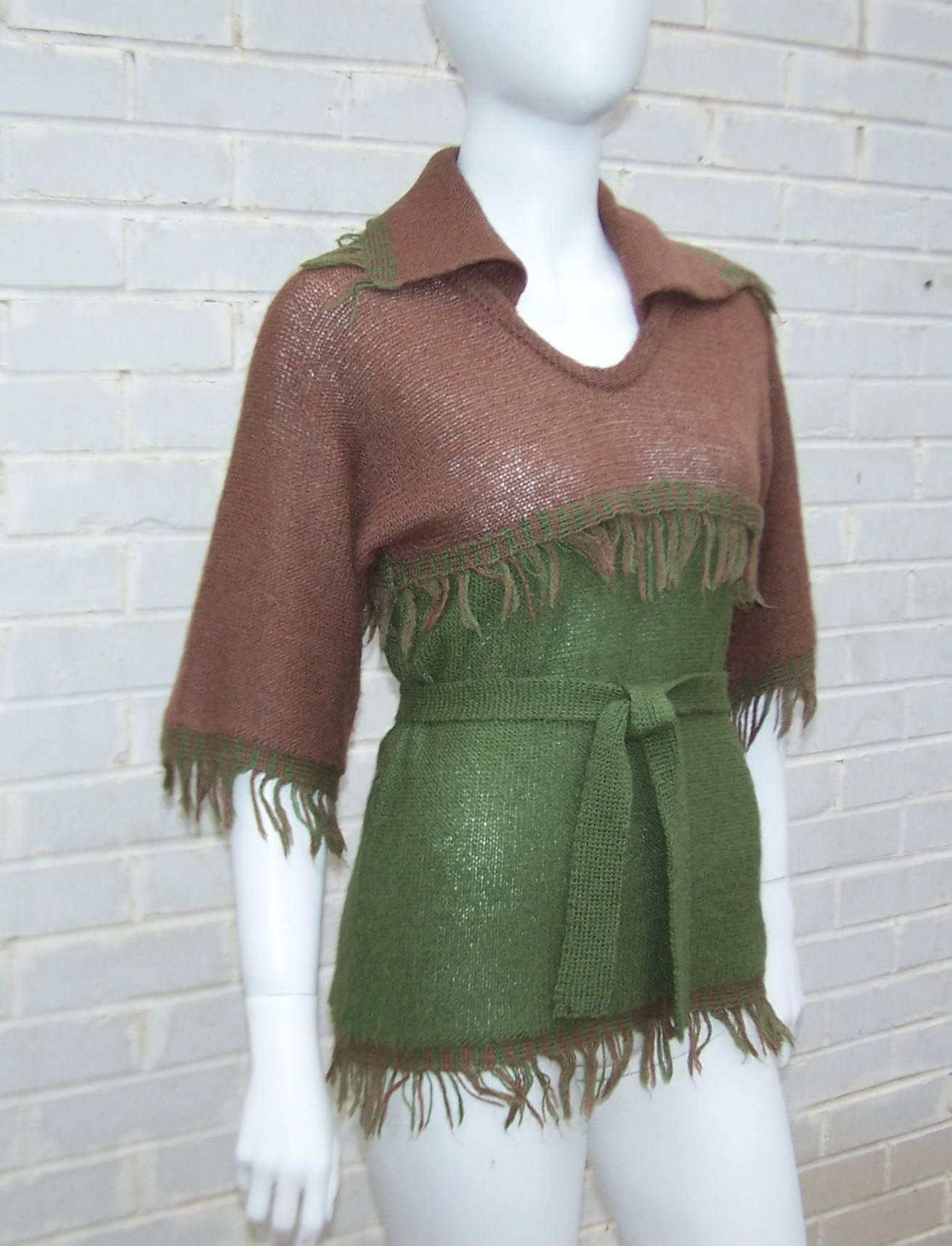 Look like a modern day Robin Hood in this C.1970 La Squadra wool knit pullover top with coordinating belt.  The two tone top is olive green and light brown with fun 2