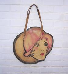 Mod 1960's Hand Painted Leather Handbag With Flapper Girl