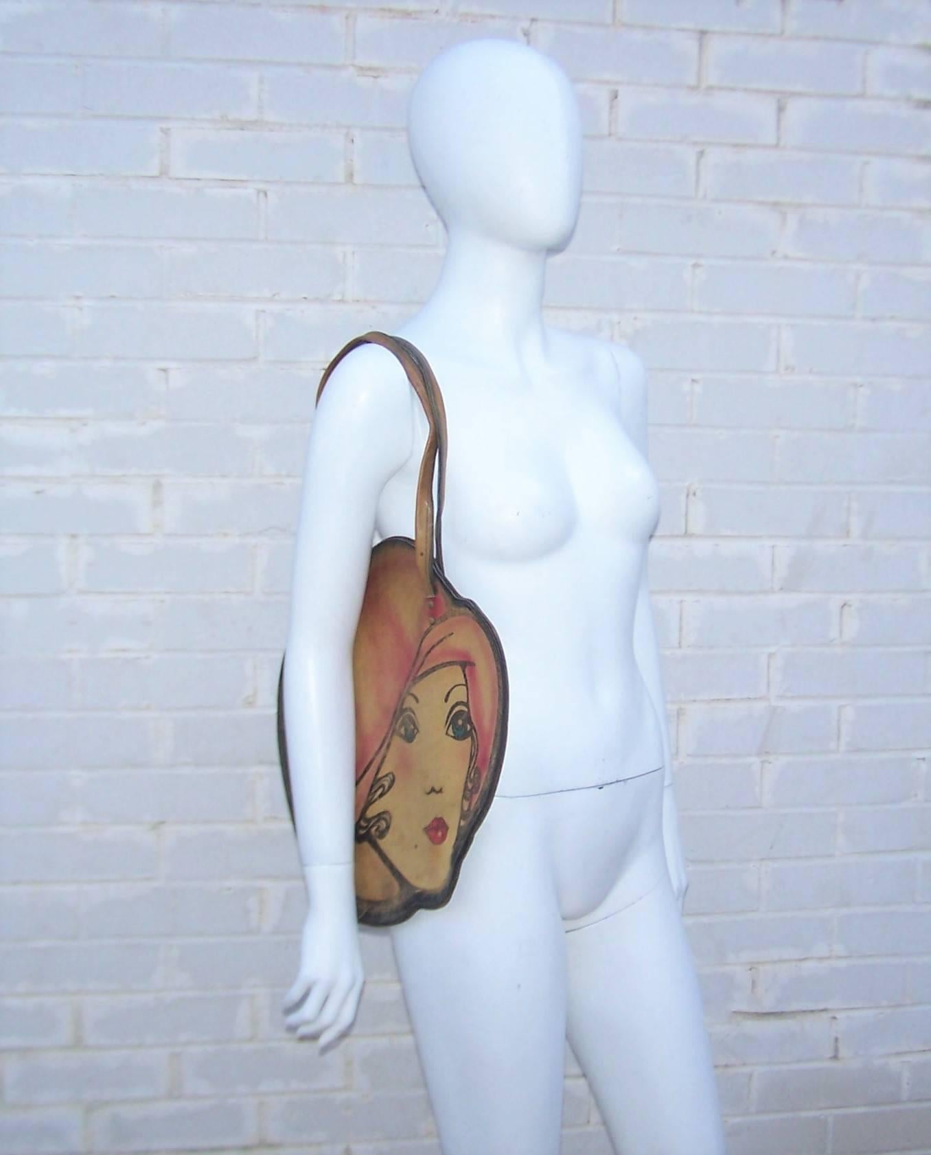 Brown Mod 1960's Hand Painted Leather Handbag With Flapper Girl