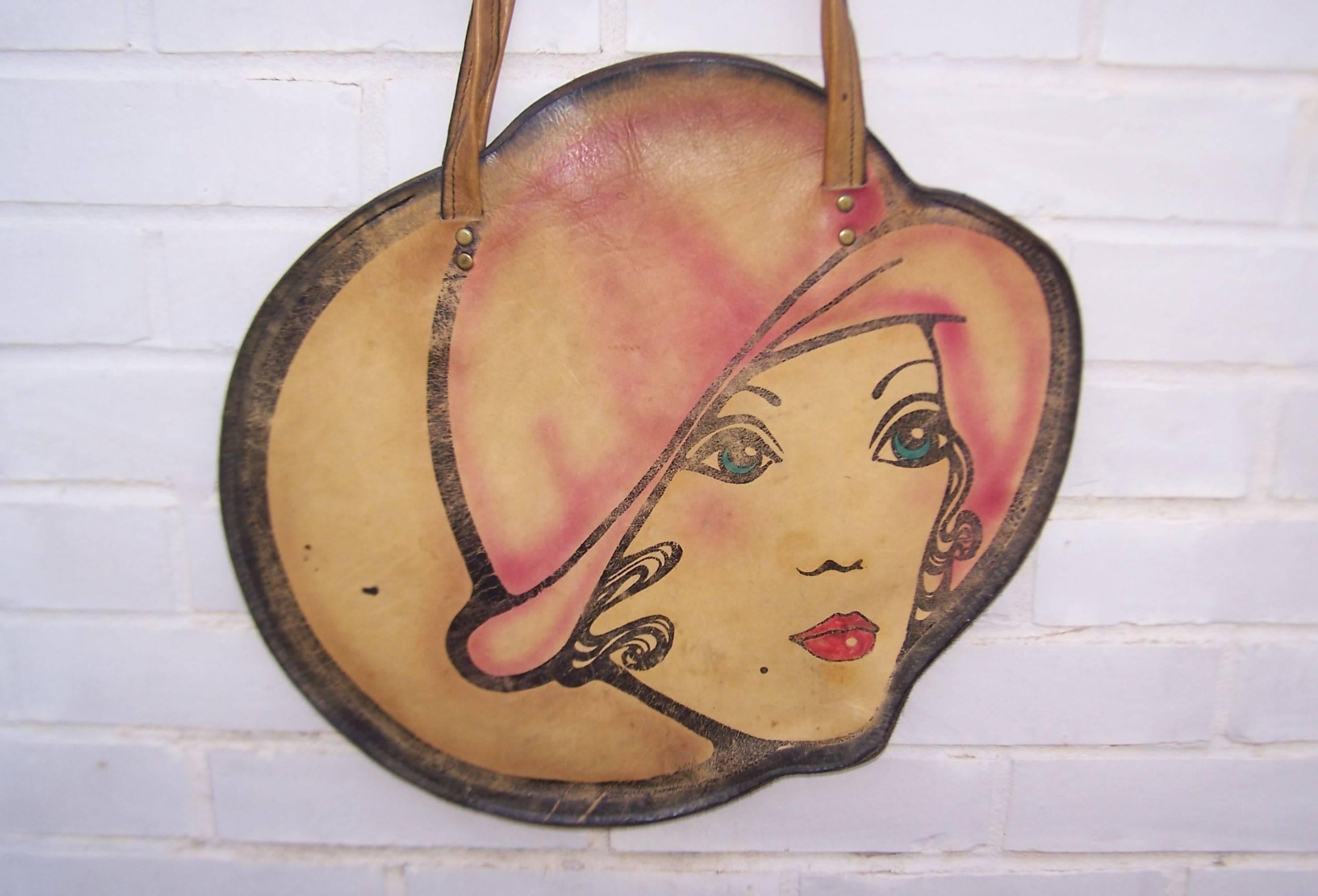 Mod 1960's Hand Painted Leather Handbag With Flapper Girl 1