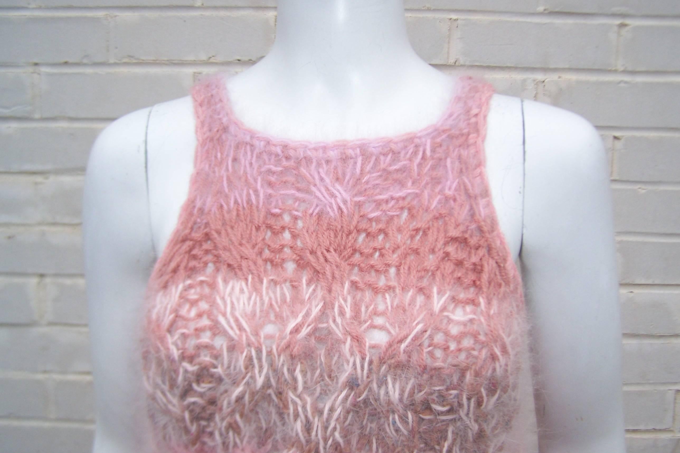 Beige 1970's Joan Vass Hand Knitted Angora Trapeze Tank Top Sweater