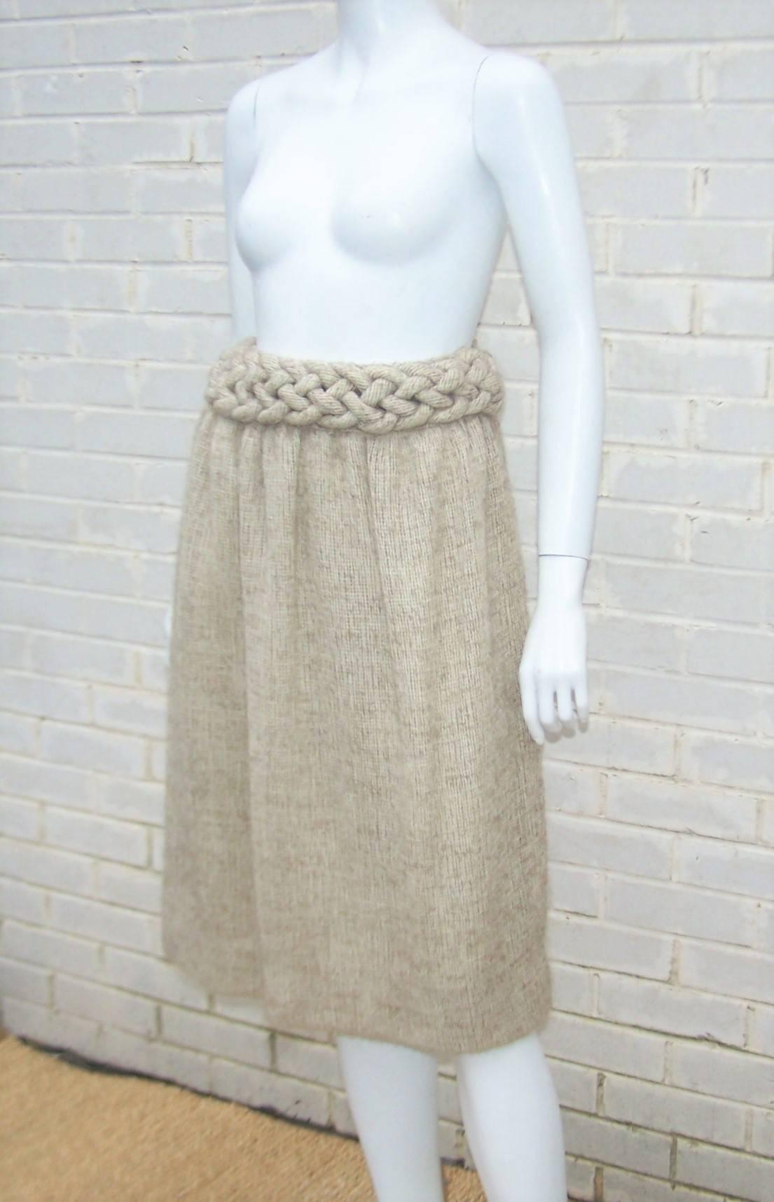 Beige Mary McFadden Mohair Skirt With Braid Waistband, 1970's