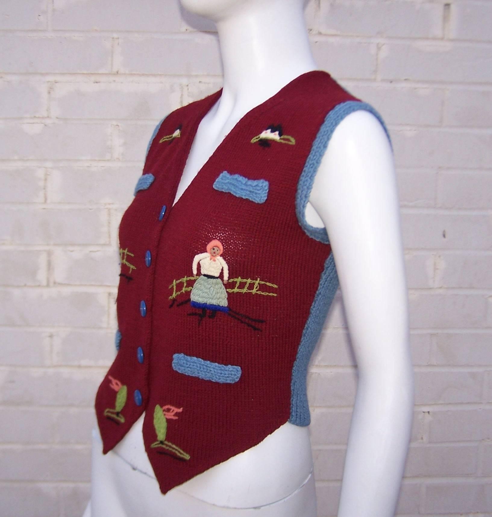 Brown Charming C.1970 Hand Made Folk Art Sweater Vest