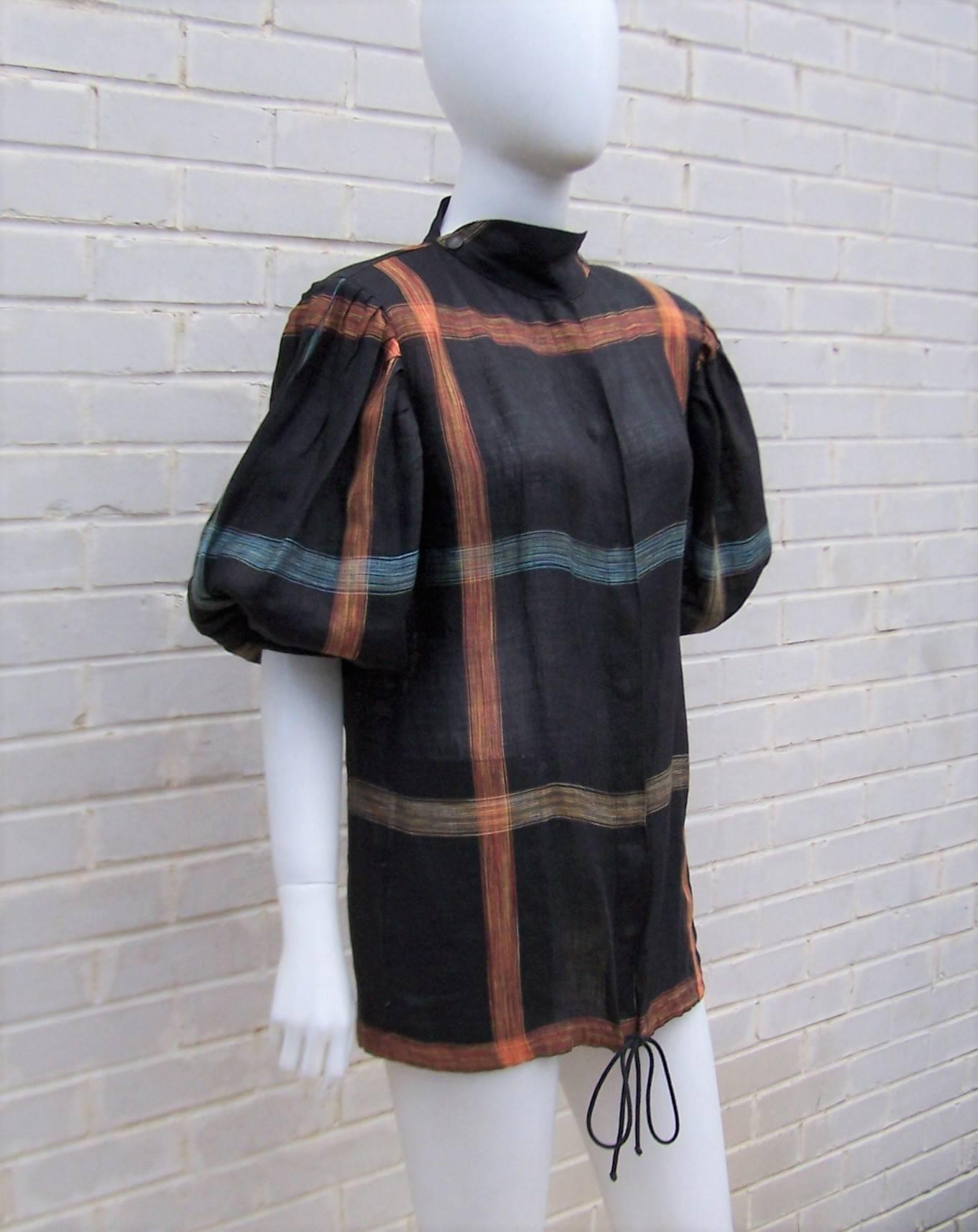 1980's Krizia Black Linen Windowpane Tunic Top 1